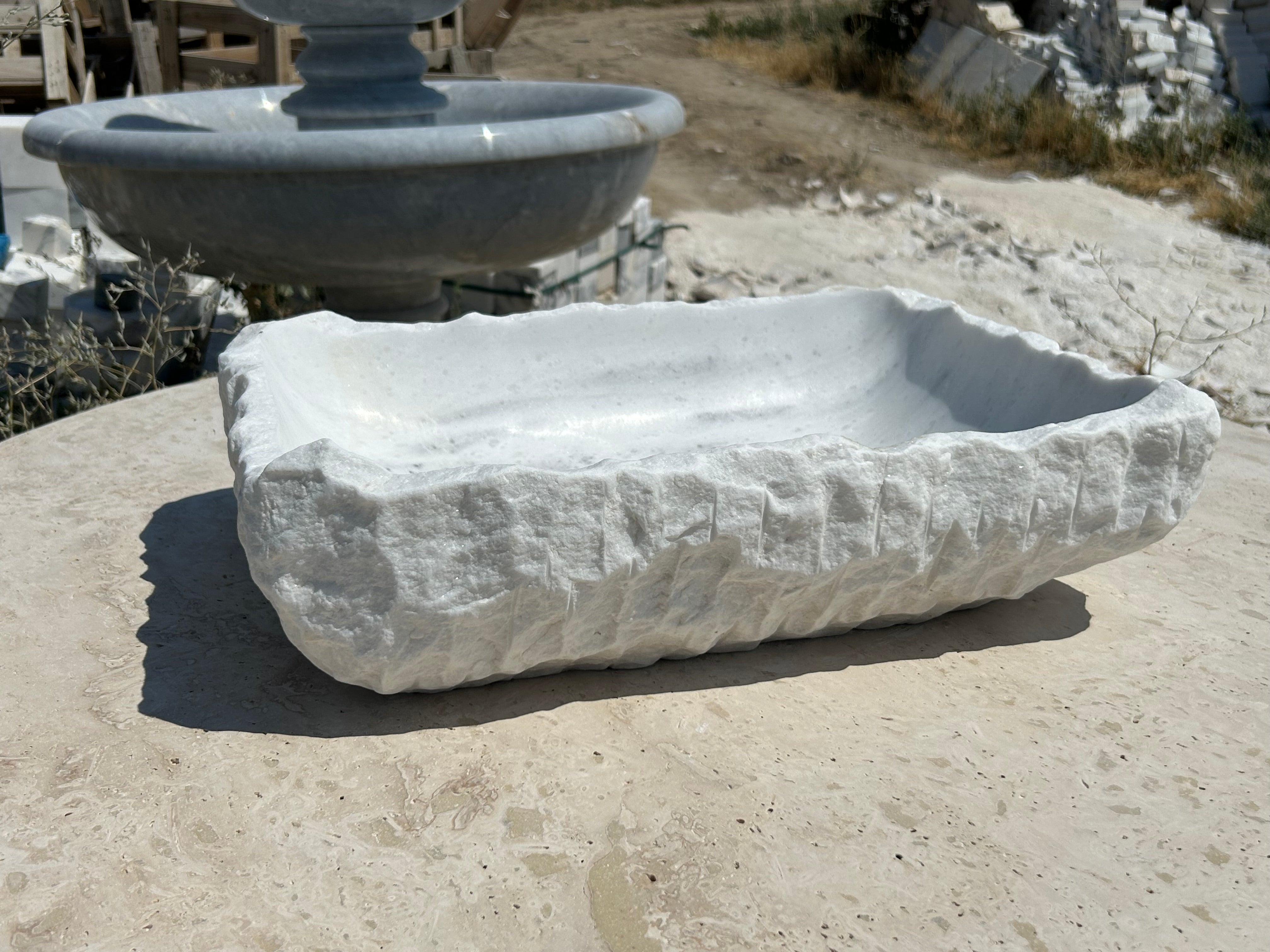 Rough Carrara Marble Sink, Stone Vessel Sink Bowl Handmade Bathroom Vanity Top for Farmhouse Powder Room