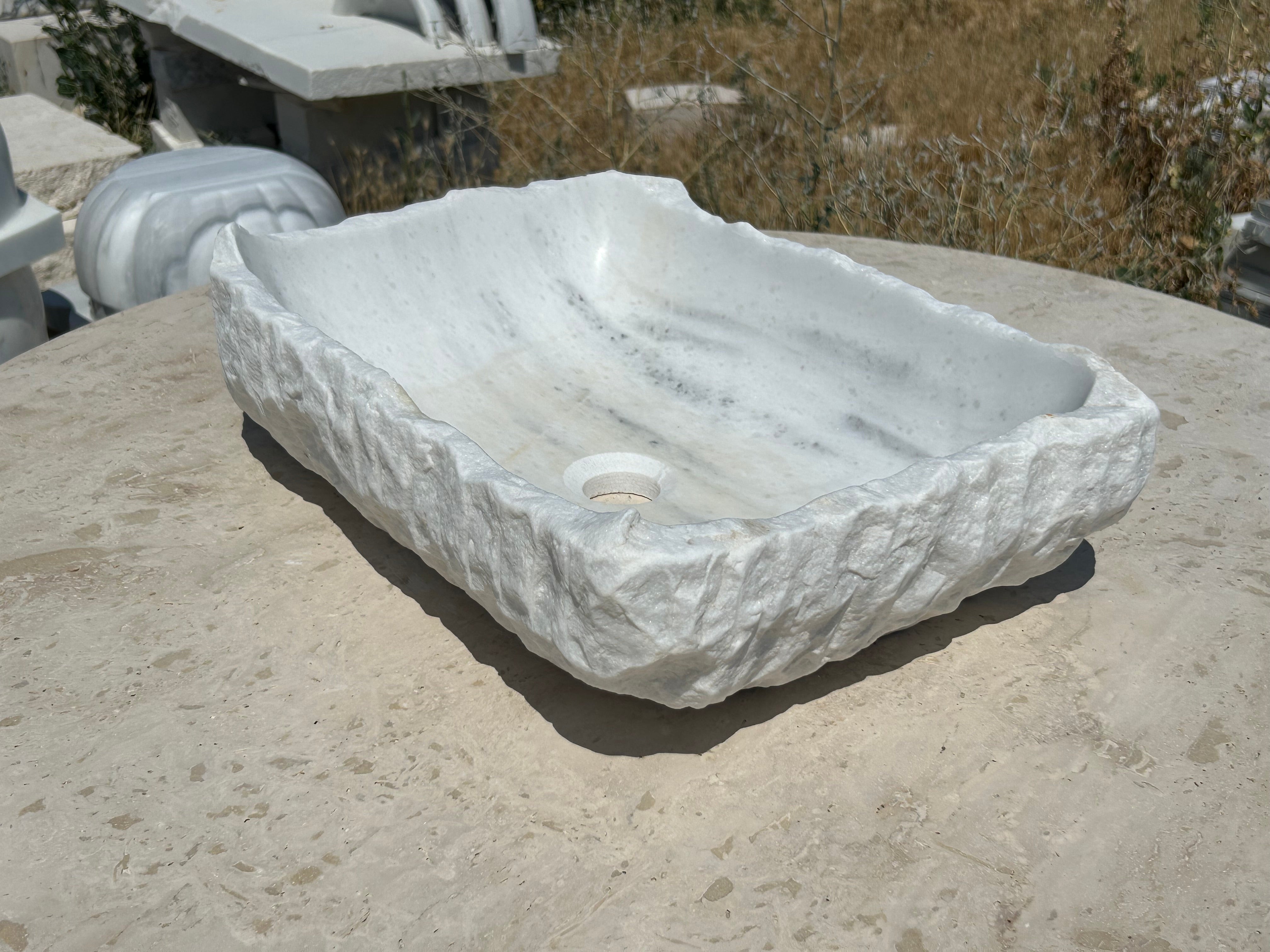 Rough Carrara Marble Sink, Stone Vessel Sink Bowl Handmade Bathroom Vanity Top for Farmhouse Powder Room