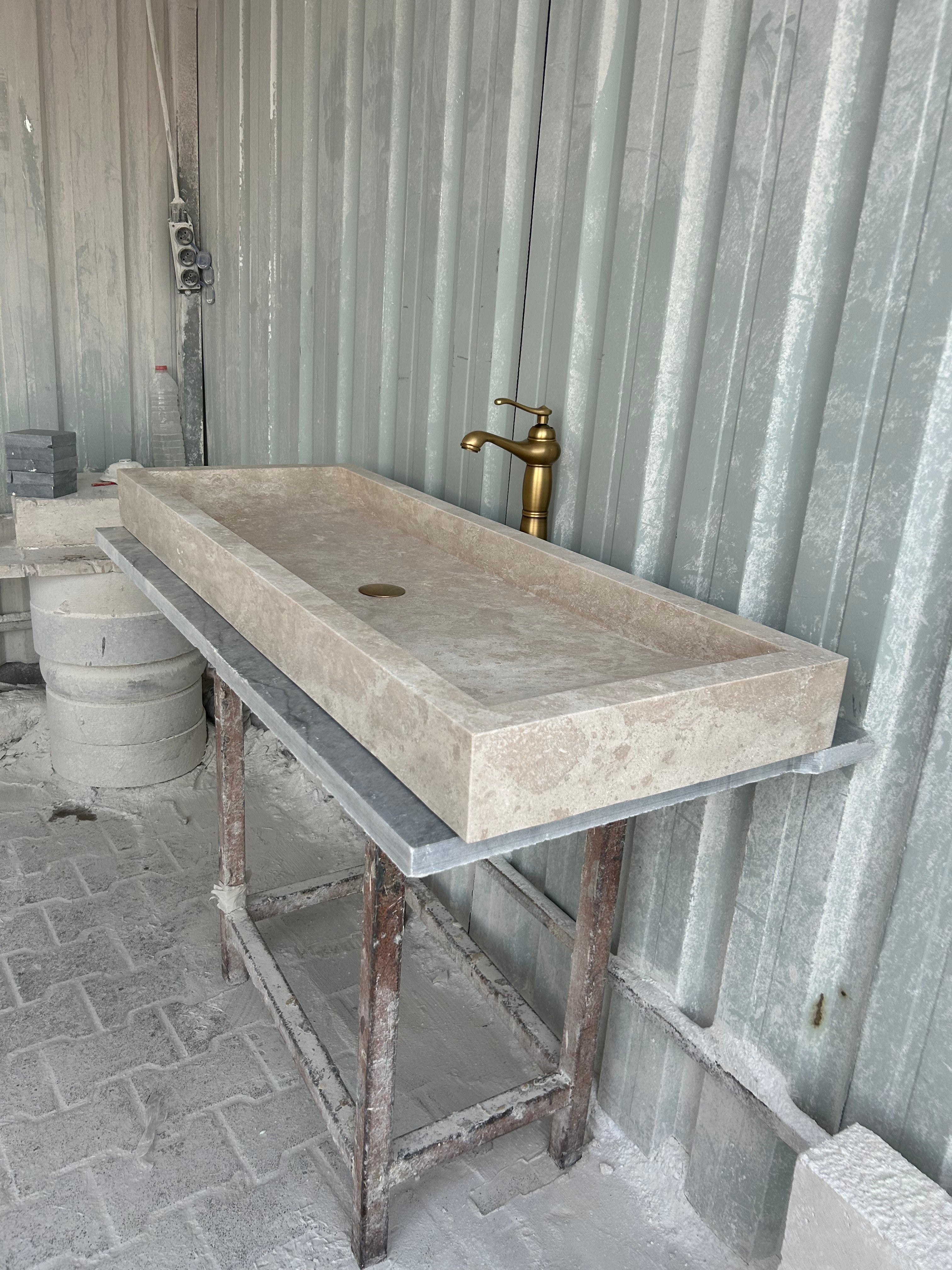 Travertine Wall Mount Sink, Large Marble Washbasin, Marble Floating Vanity For Bathroom