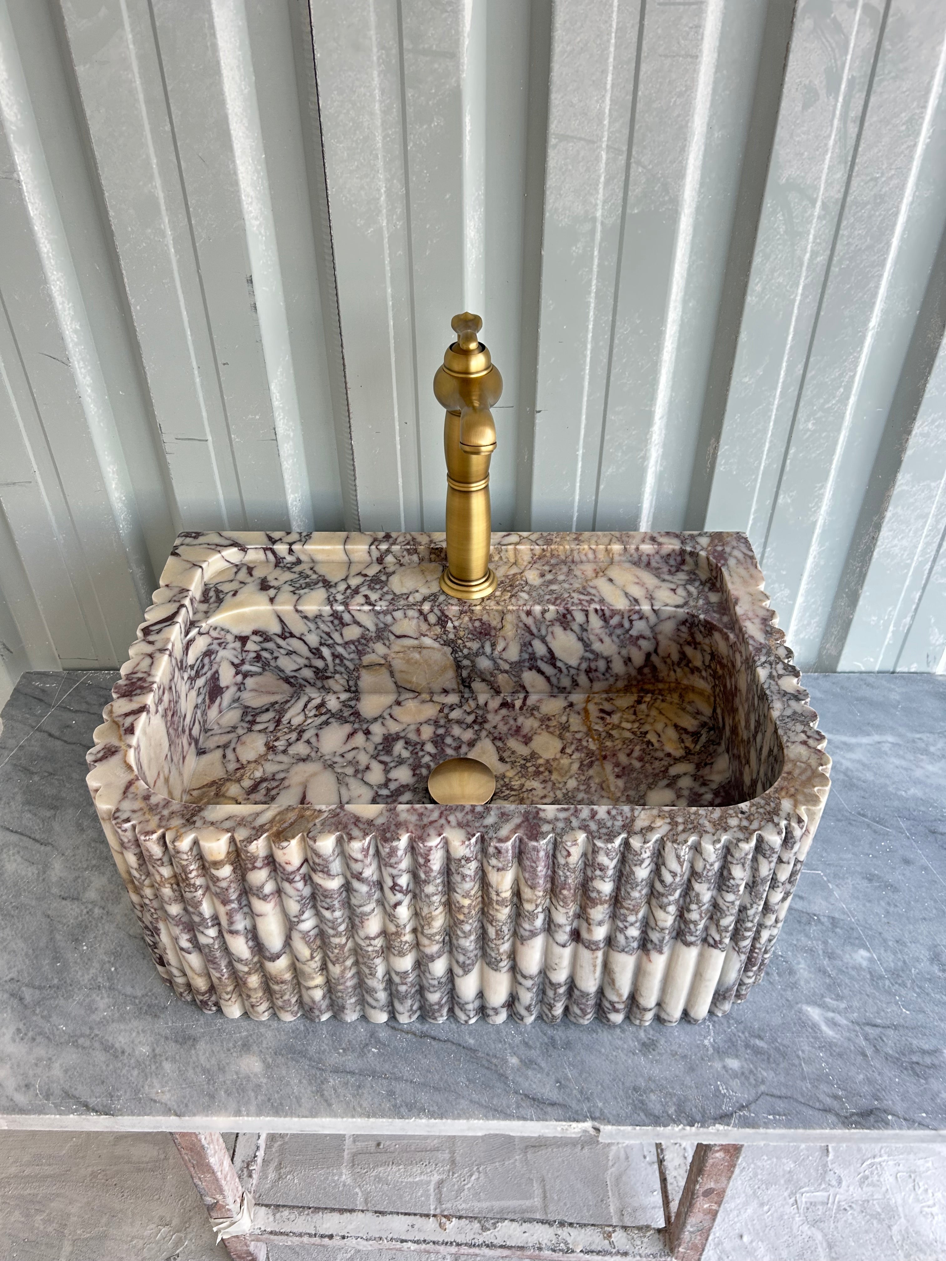 Calacatta Viola Sink, Wall Mount Sink, Fluted Marble Washbasin, Farmhouse Sink, Antique Marble Floating Vanity For Bathroom