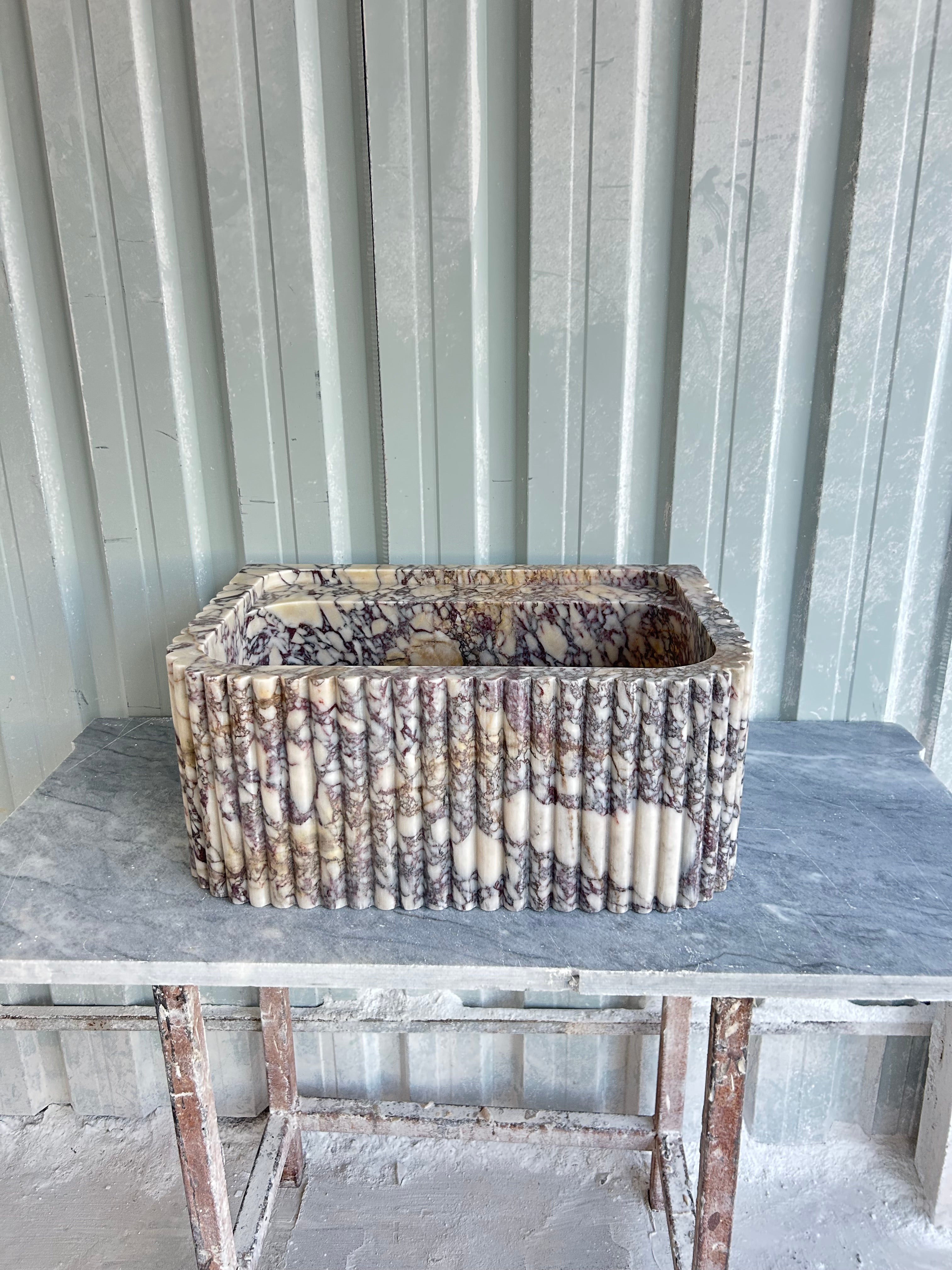 Calacatta Viola Sink, Wall Mount Sink, Fluted Marble Washbasin, Farmhouse Sink, Antique Marble Floating Vanity For Bathroom