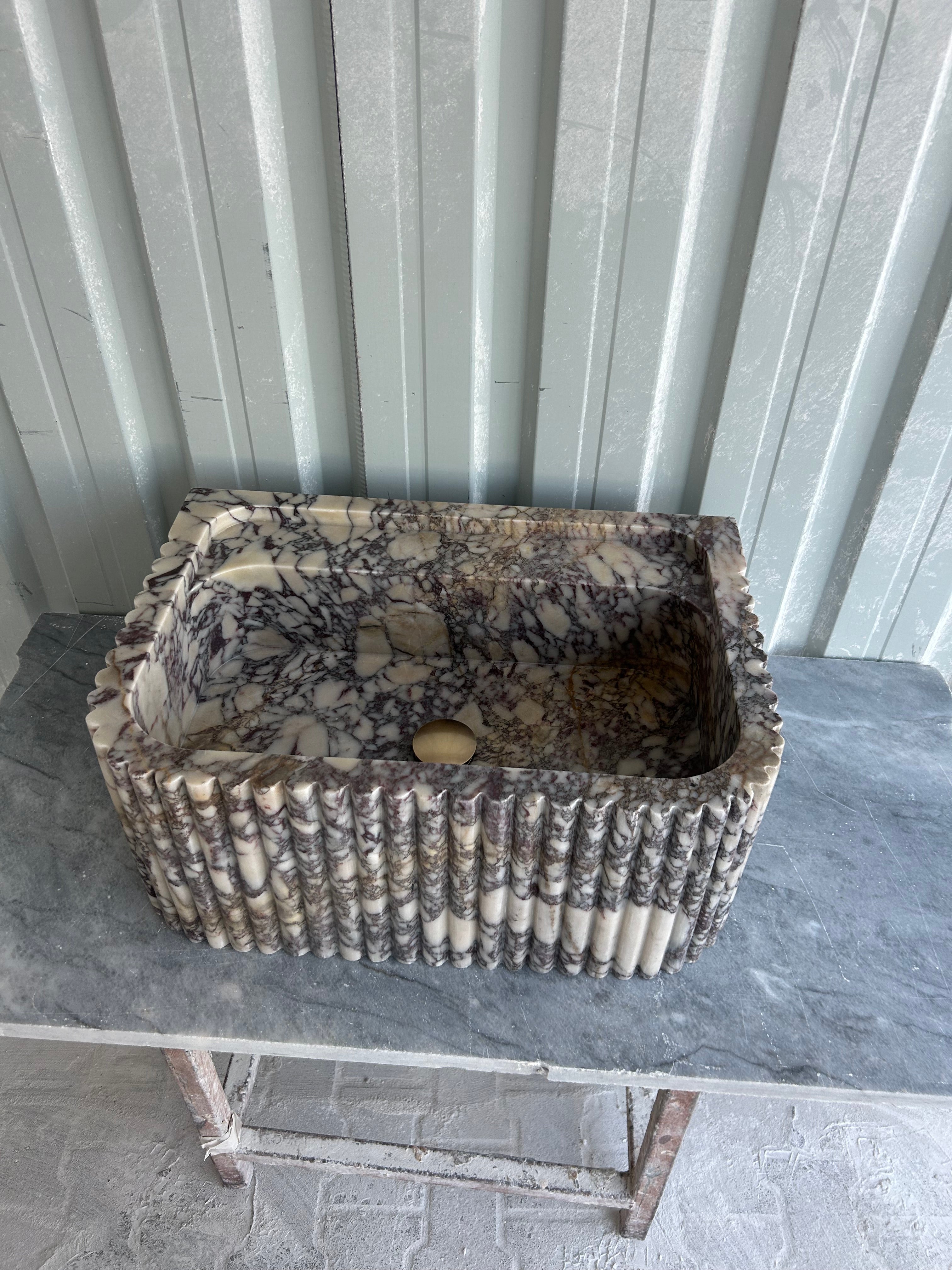 Calacatta Viola Sink, Wall Mount Sink, Fluted Marble Washbasin, Farmhouse Sink, Antique Marble Floating Vanity For Bathroom