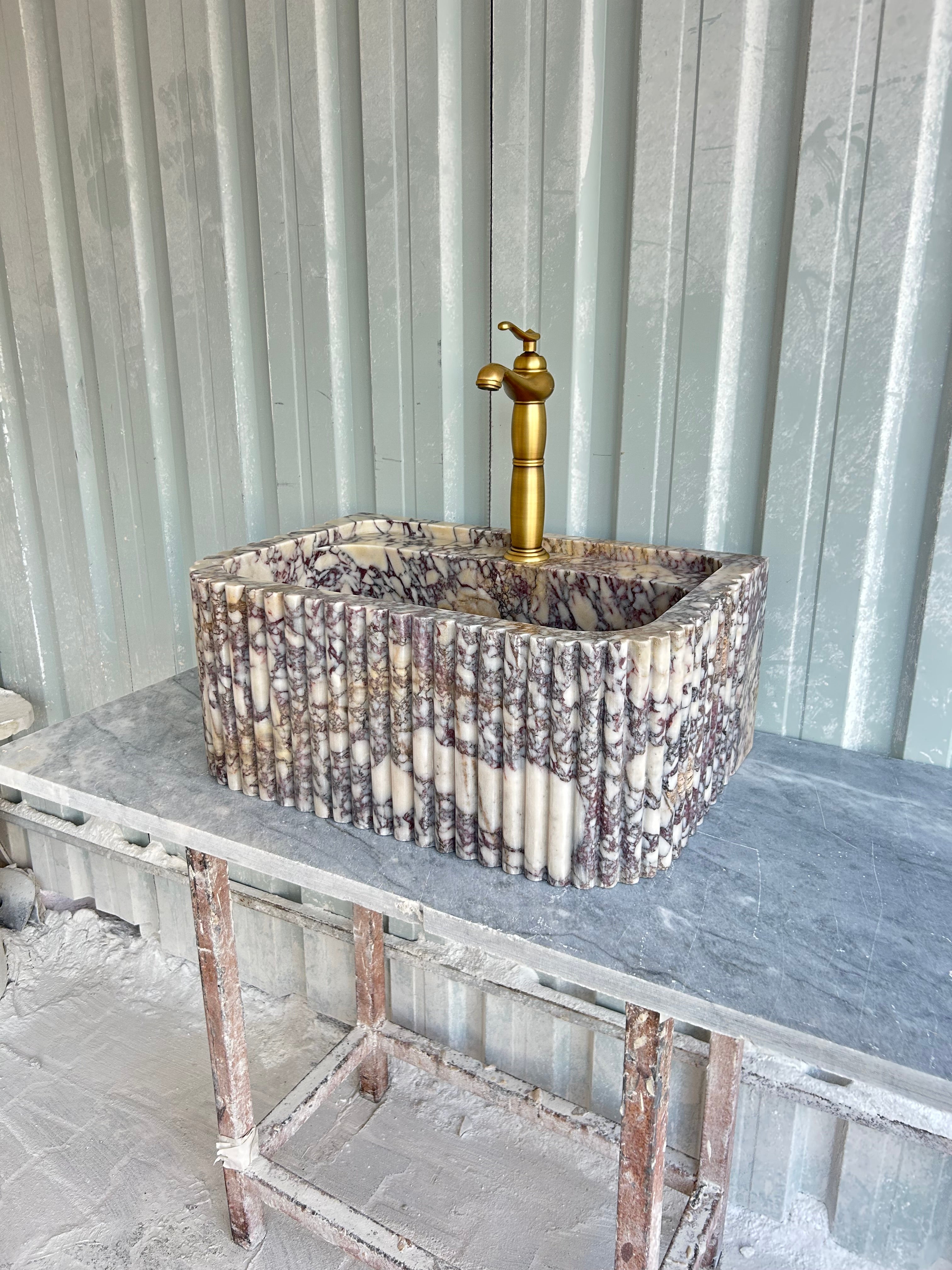 Calacatta Viola Sink, Wall Mount Sink, Fluted Marble Washbasin, Farmhouse Sink, Antique Marble Floating Vanity For Bathroom