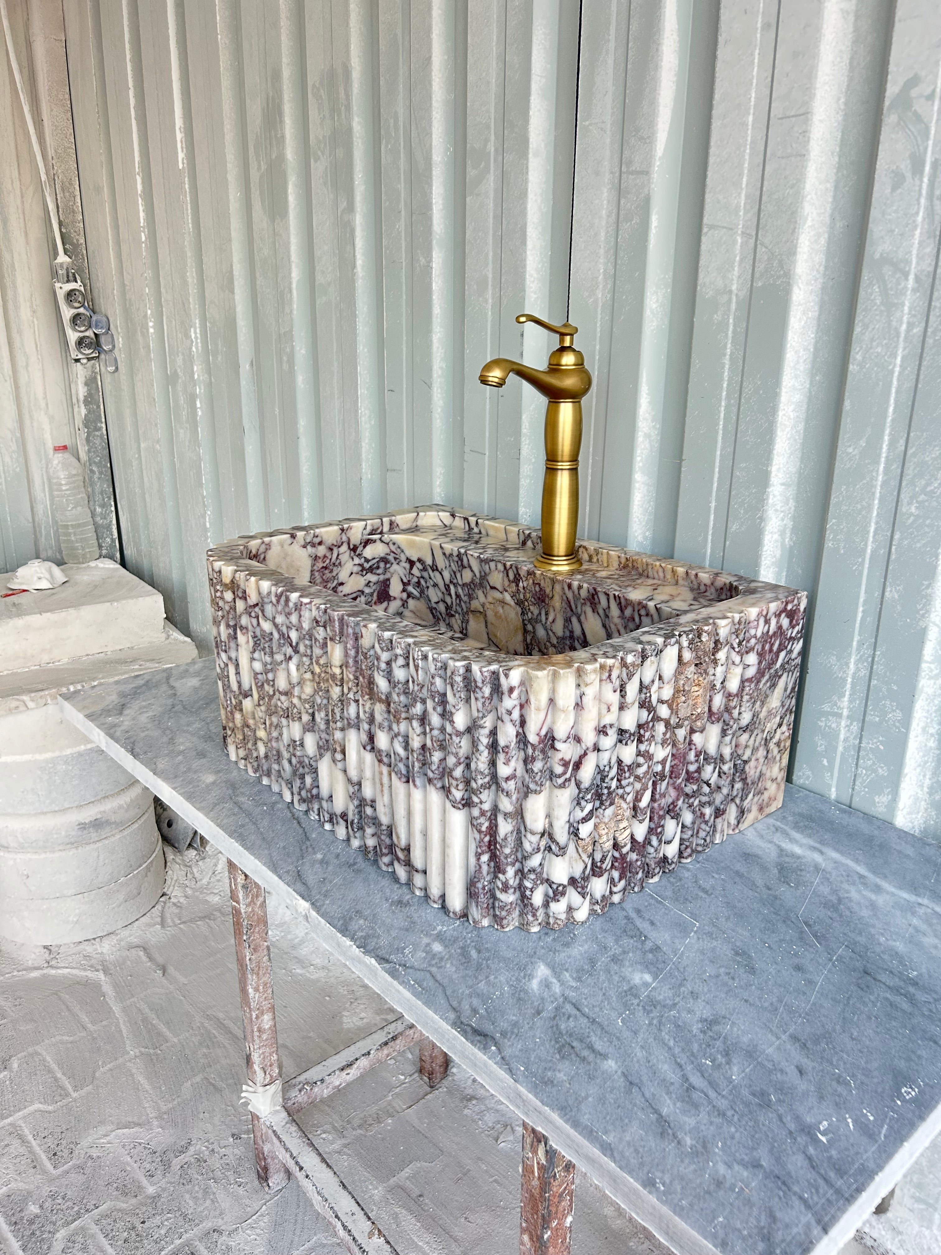 Calacatta Viola Sink, Wall Mount Sink, Fluted Marble Washbasin, Farmhouse Sink, Antique Marble Floating Vanity For Bathroom