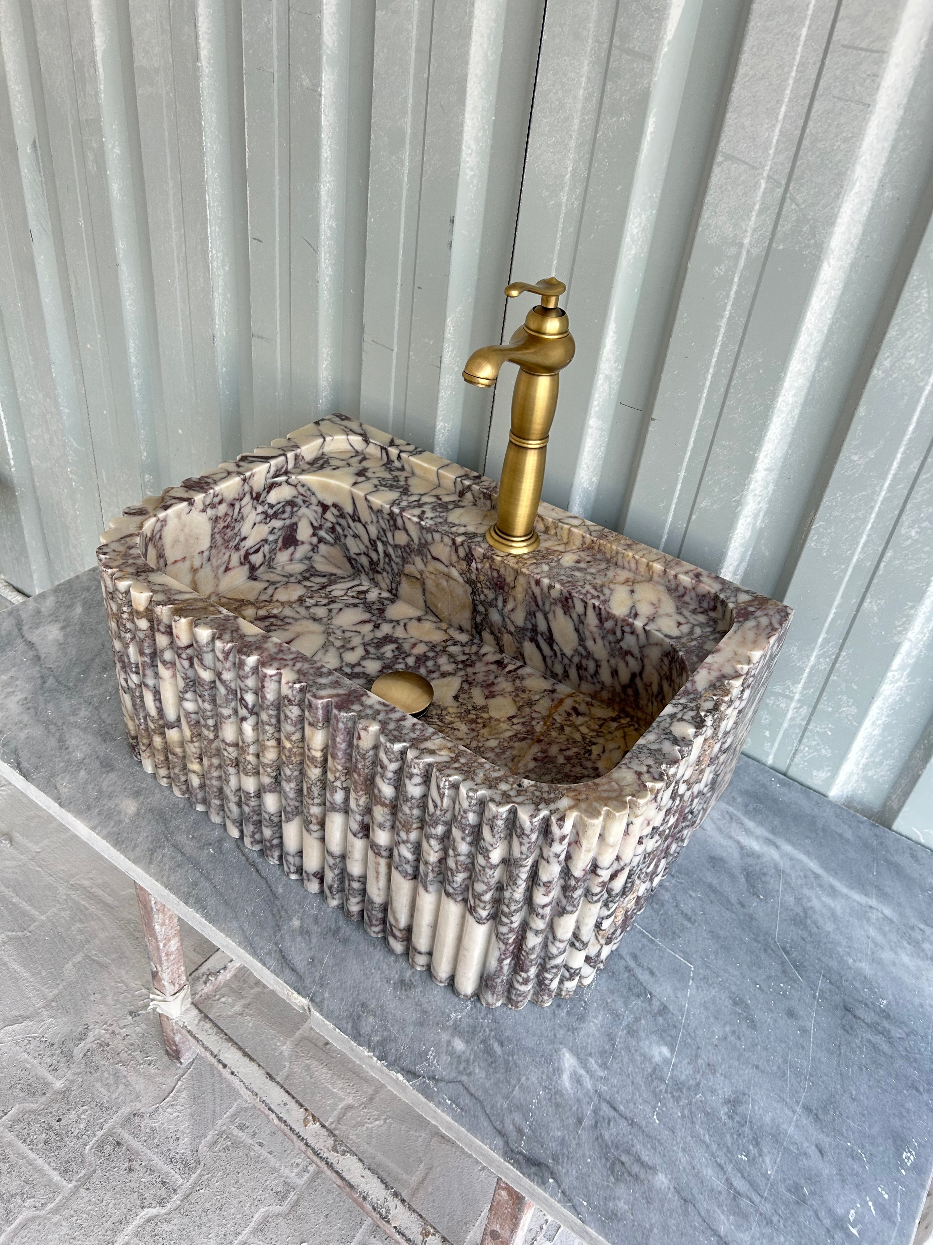 Calacatta Viola Sink, Wall Mount Sink, Fluted Marble Washbasin, Farmhouse Sink, Antique Marble Floating Vanity For Bathroom