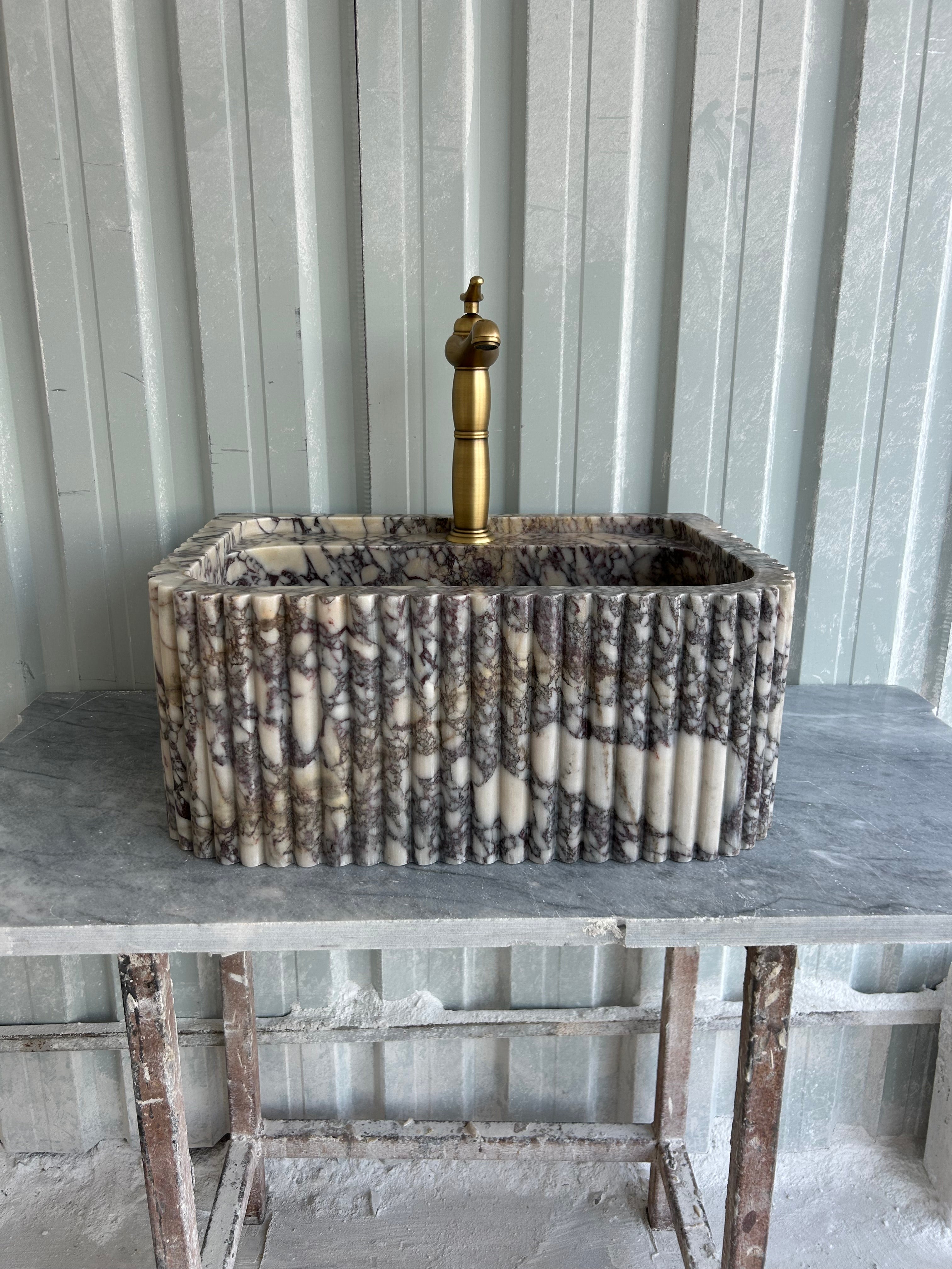 Calacatta Viola Sink, Wall Mount Sink, Fluted Marble Washbasin, Farmhouse Sink, Antique Marble Floating Vanity For Bathroom