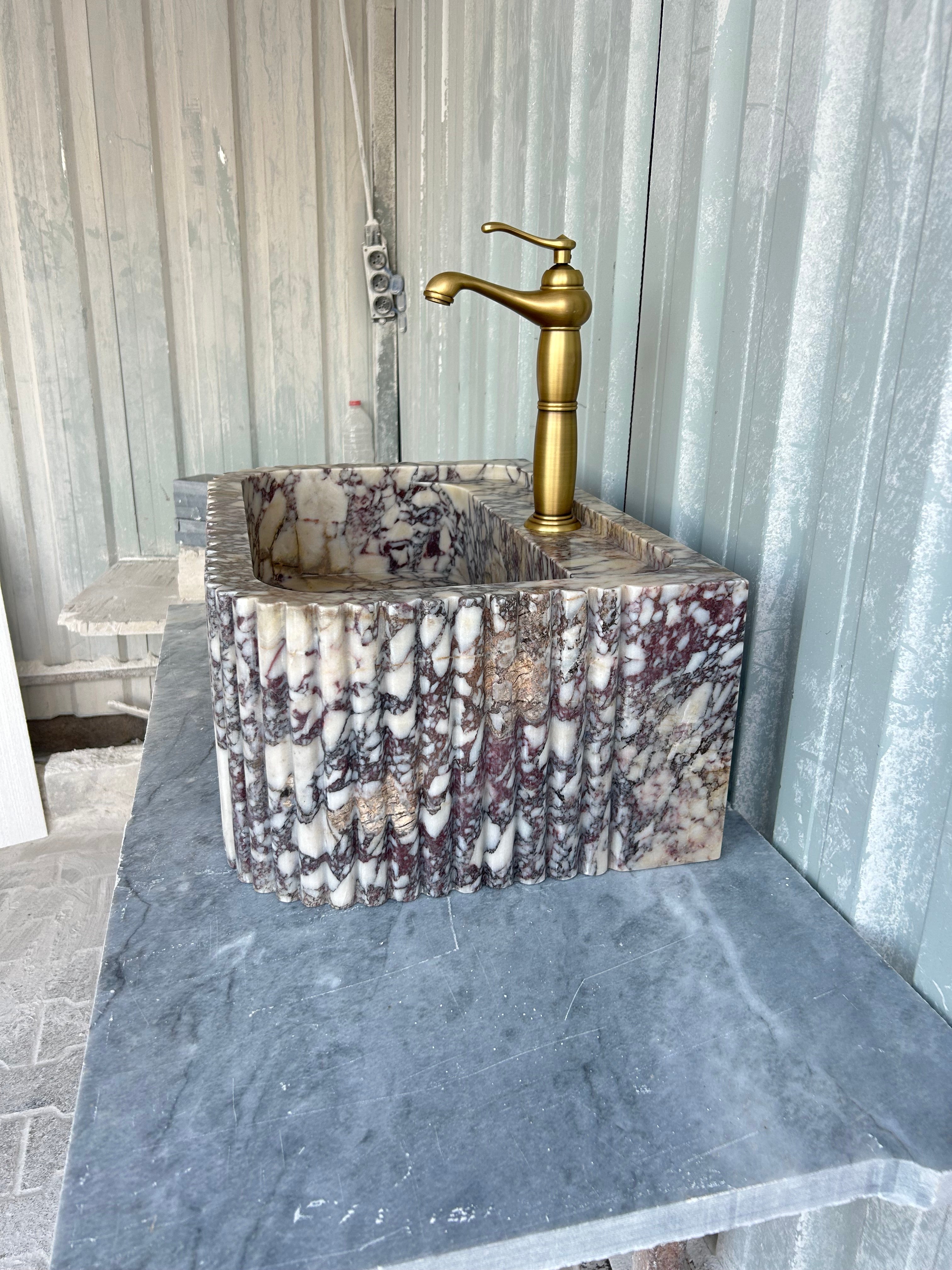 Calacatta Viola Sink, Wall Mount Sink, Fluted Marble Washbasin, Farmhouse Sink, Antique Marble Floating Vanity For Bathroom