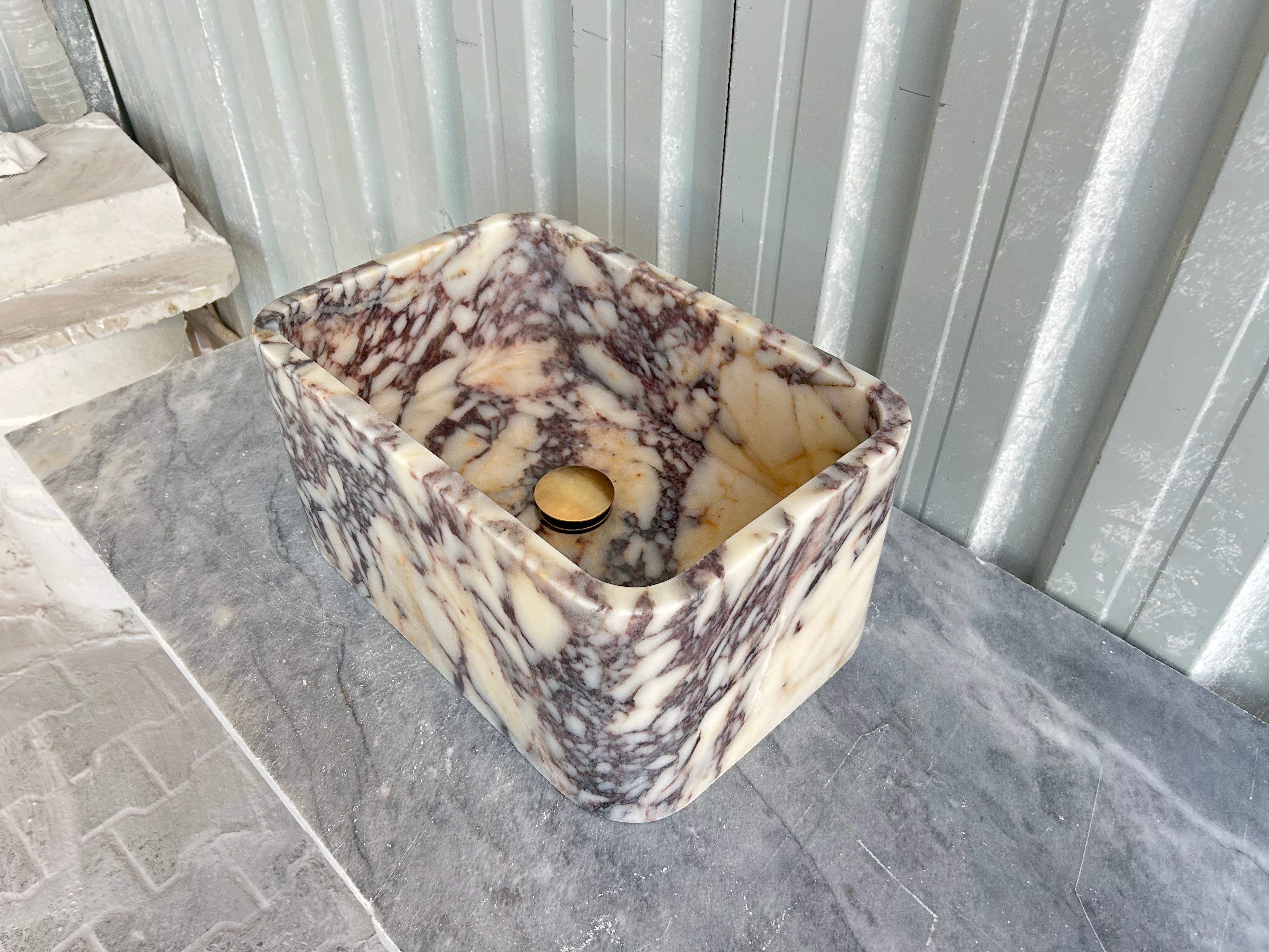 Calacatta Viola Wall Mount Sink, Hand Carved Marble Washbasin, Antique Marble Floating Vanity For Bathroom