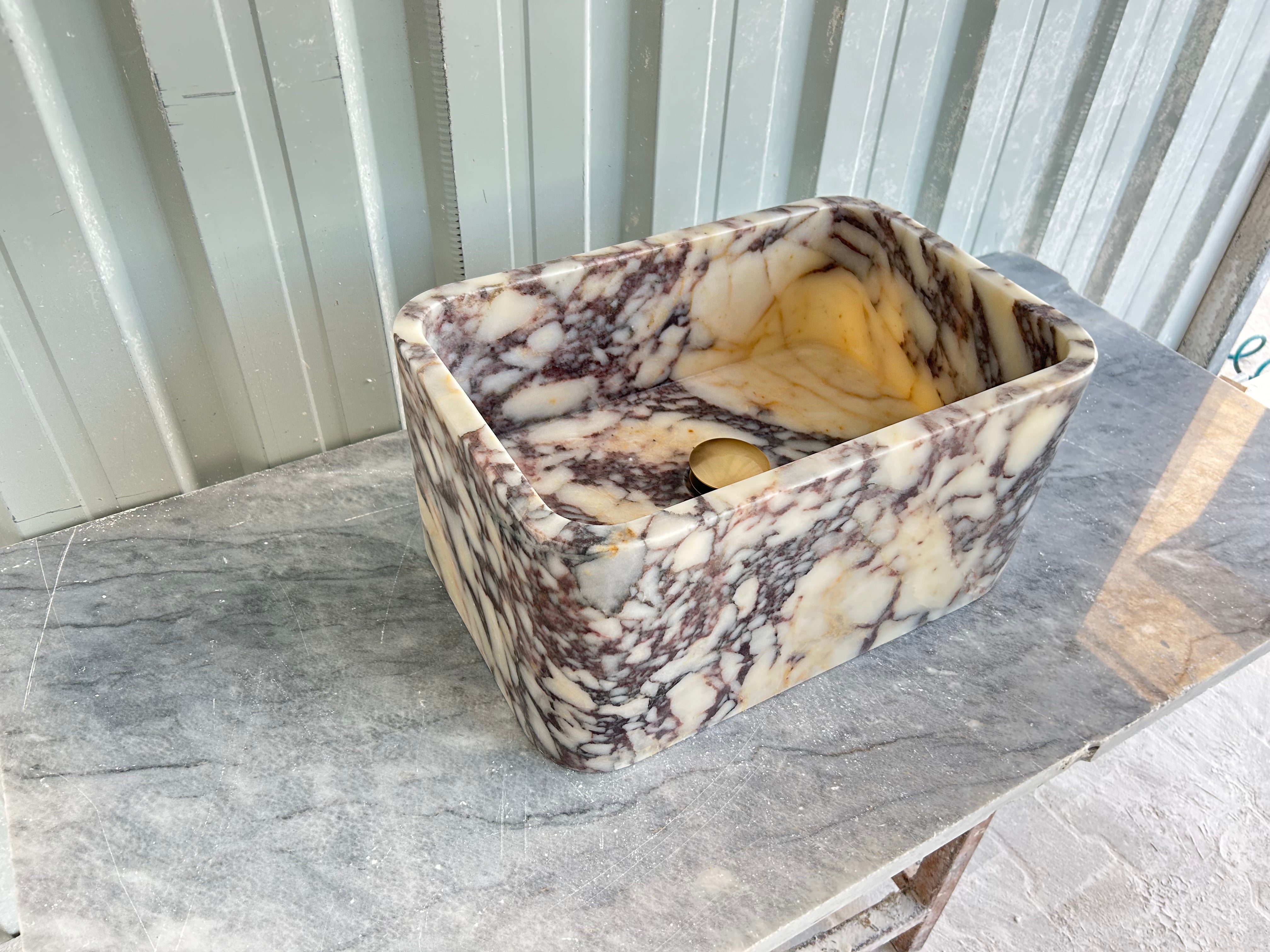 Calacatta Viola Wall Mount Sink, Hand Carved Marble Washbasin, Antique Marble Floating Vanity For Bathroom