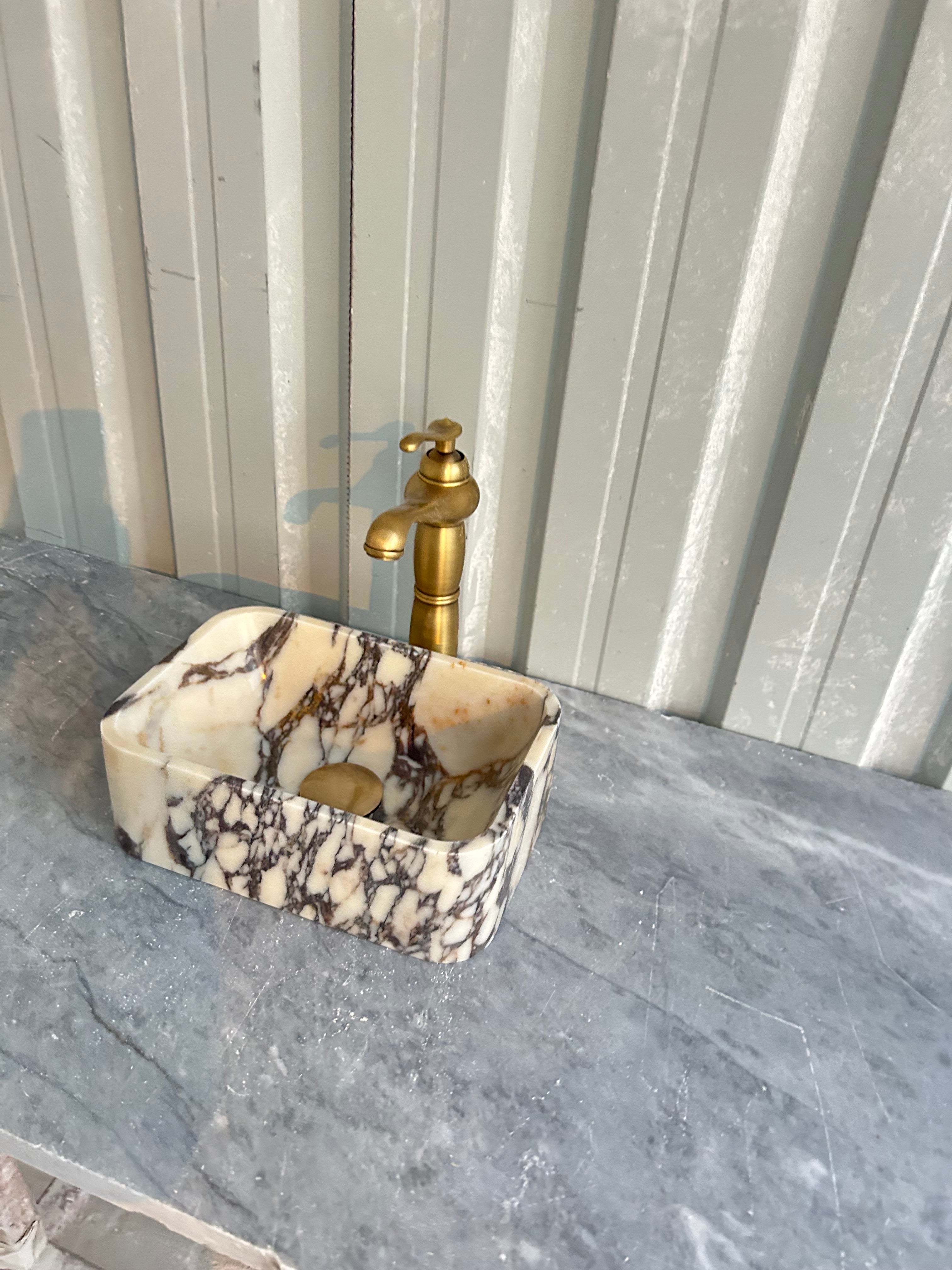 Calacatta Viola Small Marble Sink, Wall Mount Marble Washbasin, Rustic Bathroom Decor