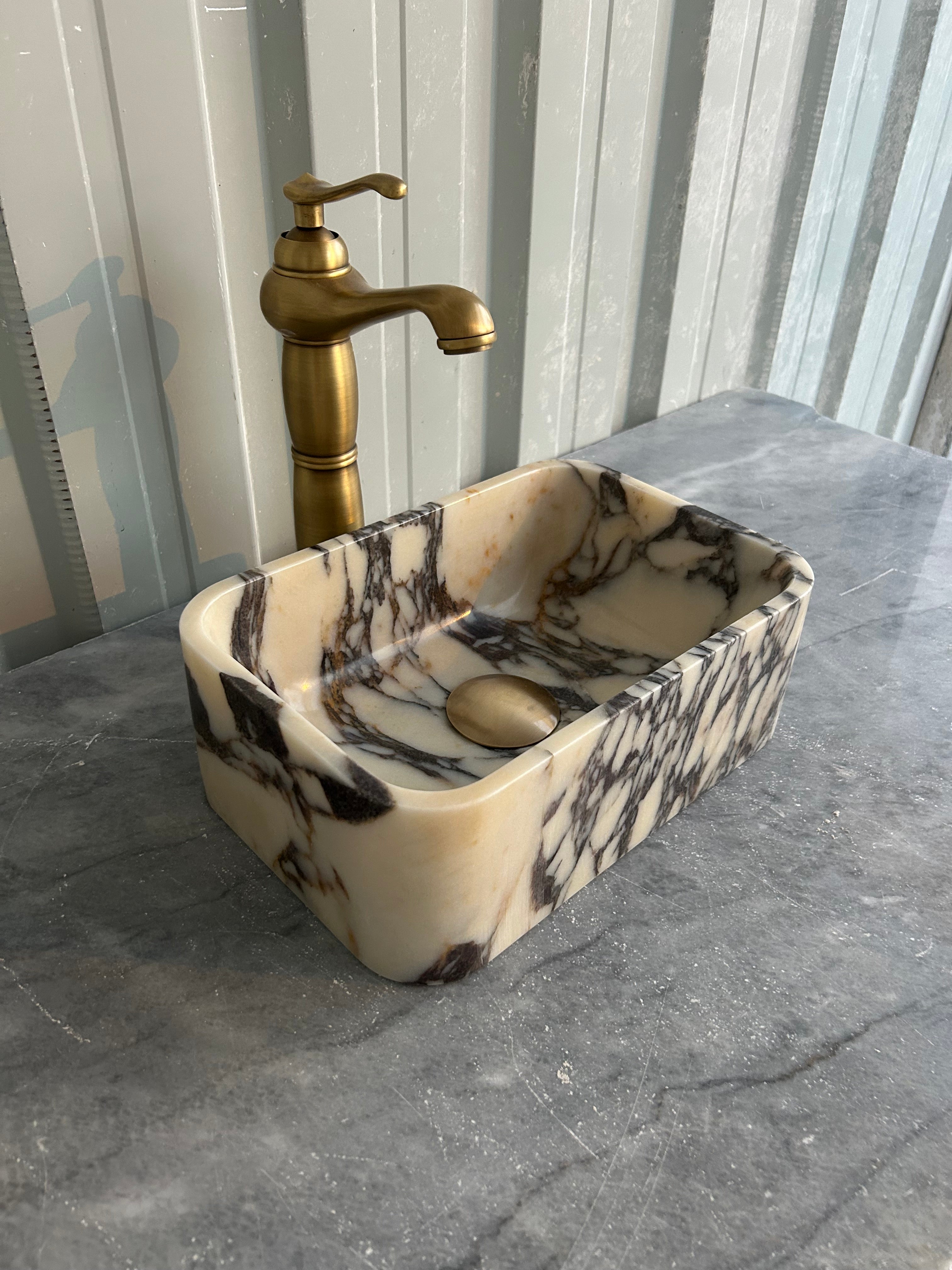 Calacatta Viola Small Marble Sink, Wall Mount Marble Washbasin, Rustic Bathroom Decor