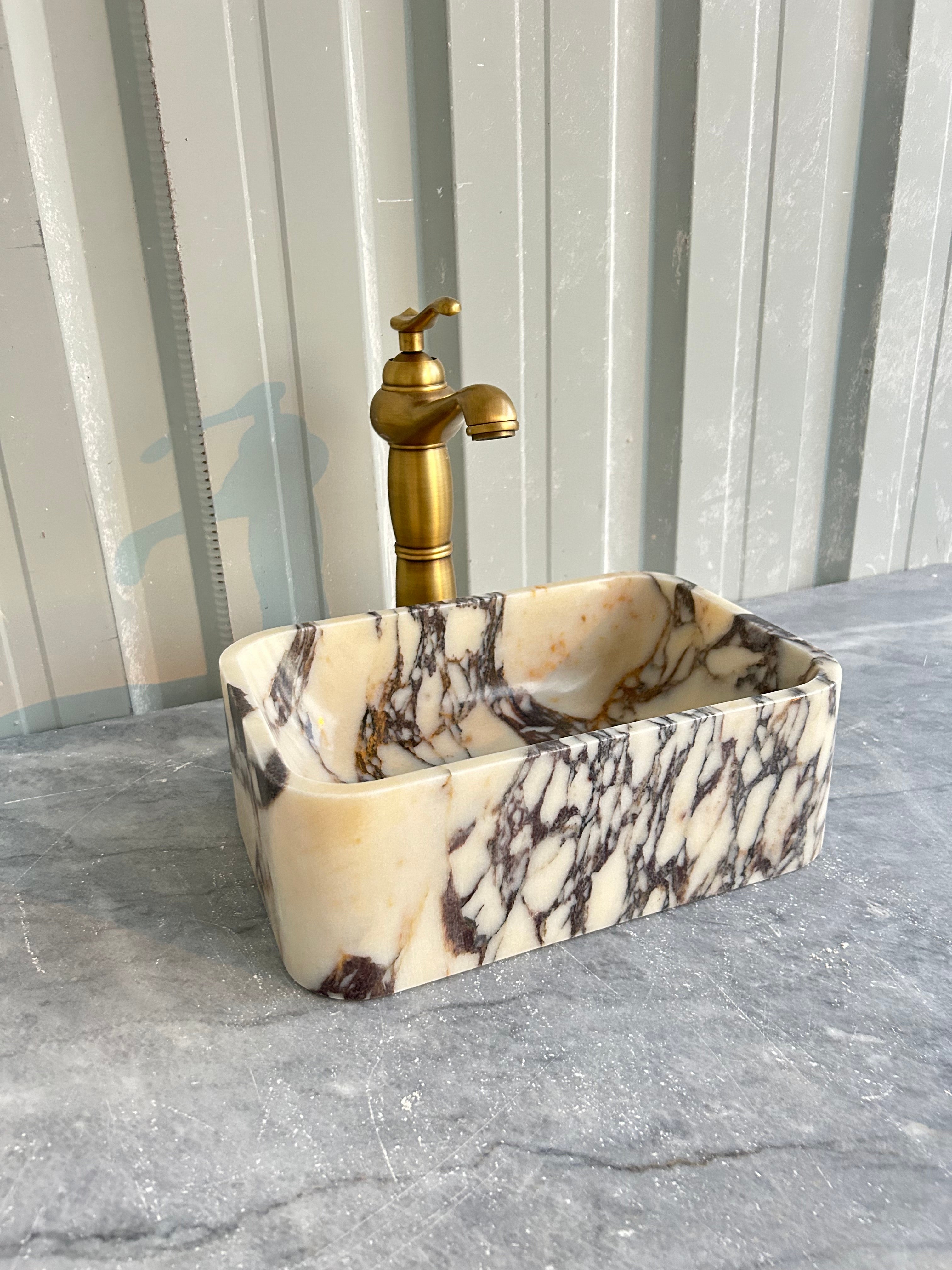 Calacatta Viola Small Marble Sink, Wall Mount Marble Washbasin, Rustic Bathroom Decor