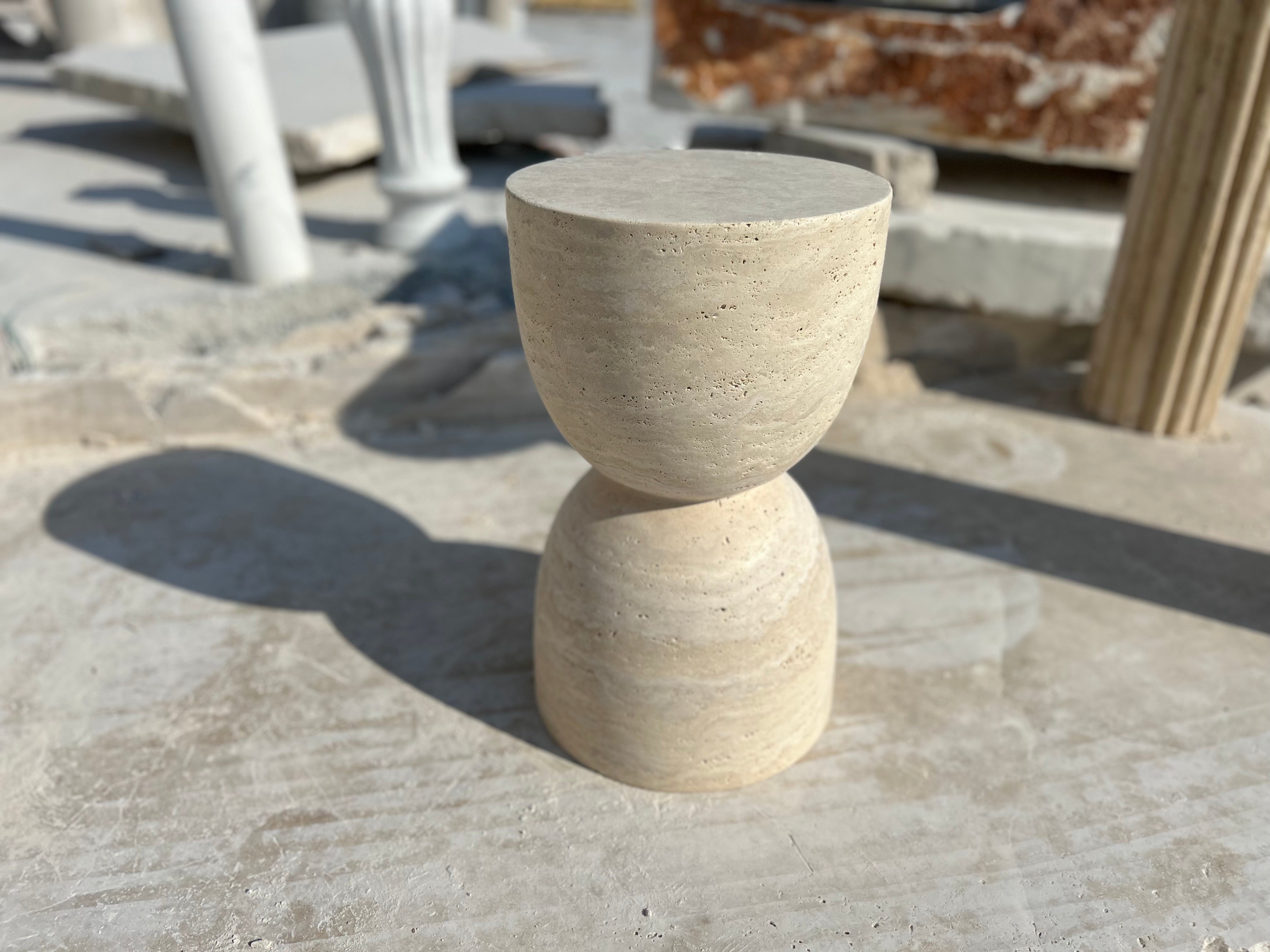 Travertine Side Table, Sandglass Shaped End Table, Conical Leg Coffee Table, Garden Small Table, Contemporary Home Decor