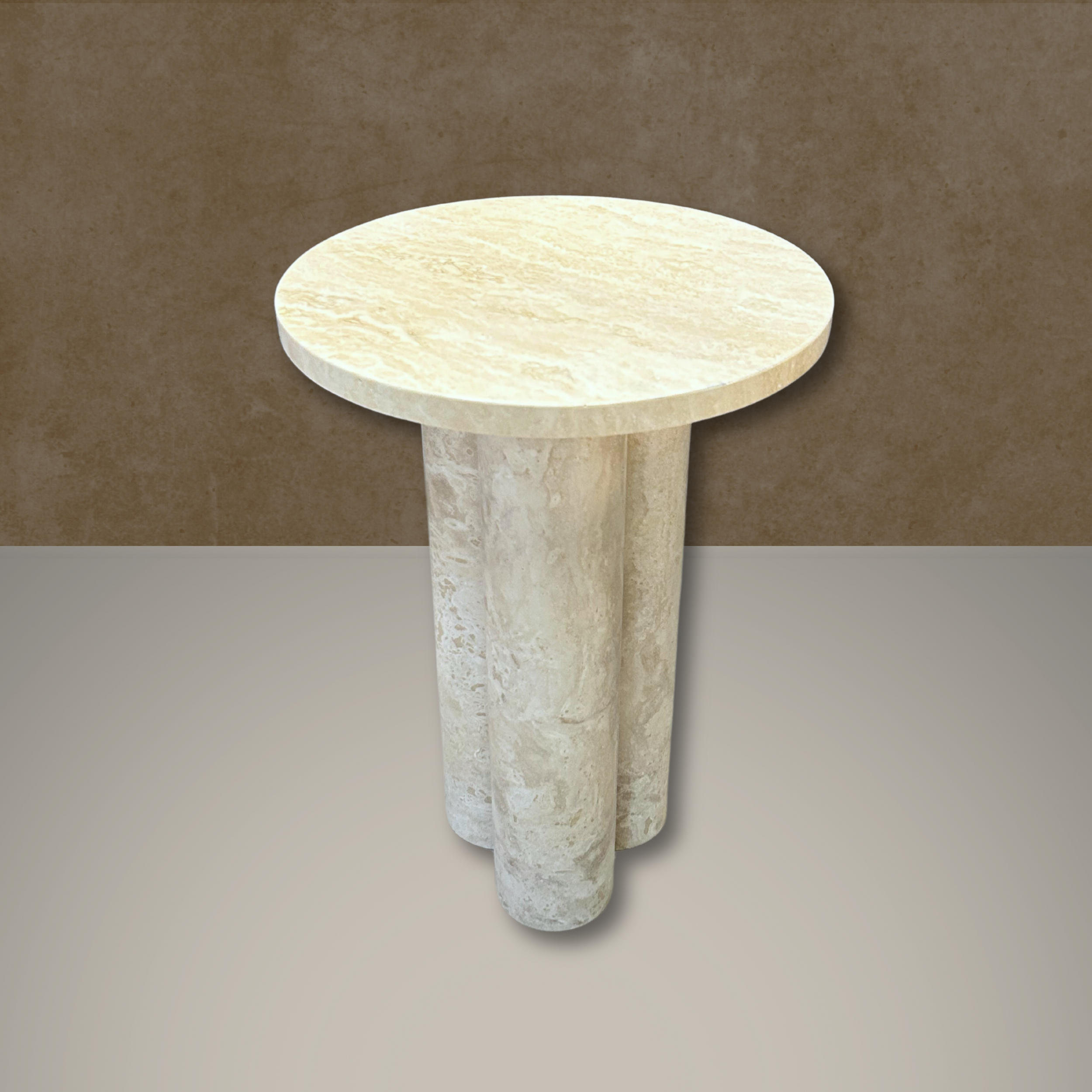Round Travertine Side Table, Three-Cylinder Leg Marble Coffee Table, Stone Cocktail Table, Garden Small Table, Modern Home
