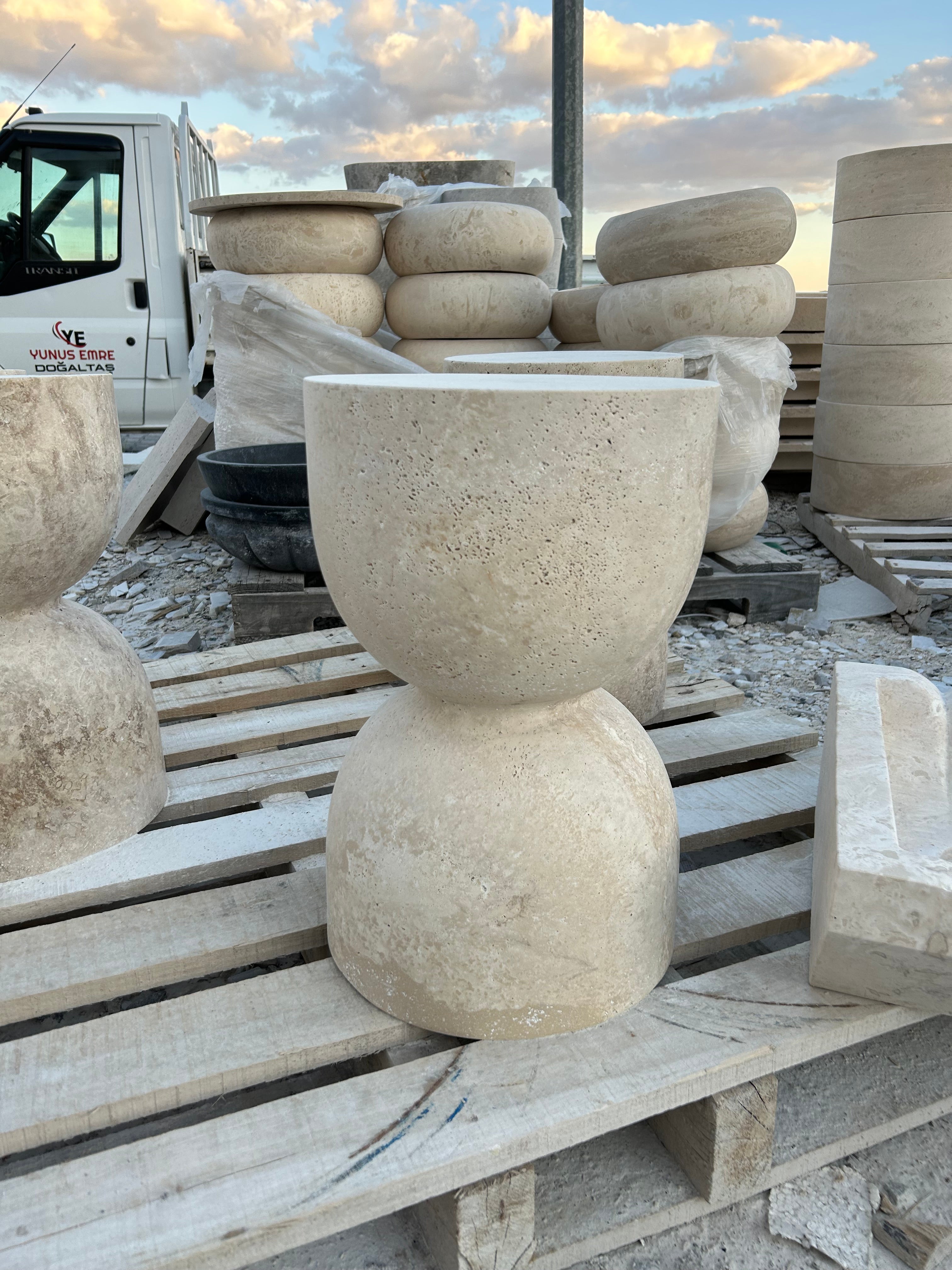 Travertine Side Table, Sandglass Shaped End Table, Conical Leg Coffee Table, Garden Small Table, Contemporary Home Decor