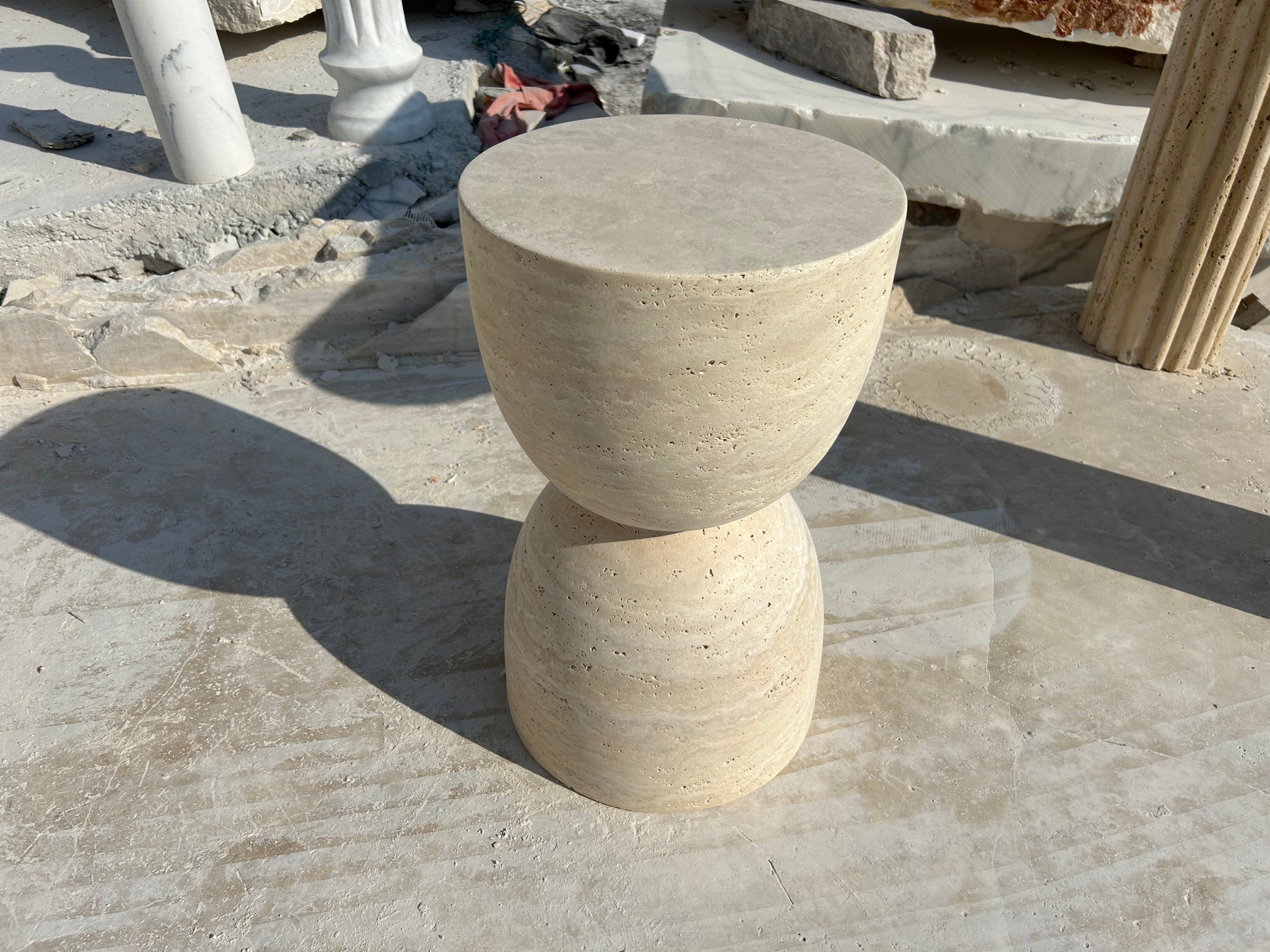 Travertine Side Table, Sandglass Shaped End Table, Conical Leg Coffee Table, Garden Small Table, Contemporary Home Decor