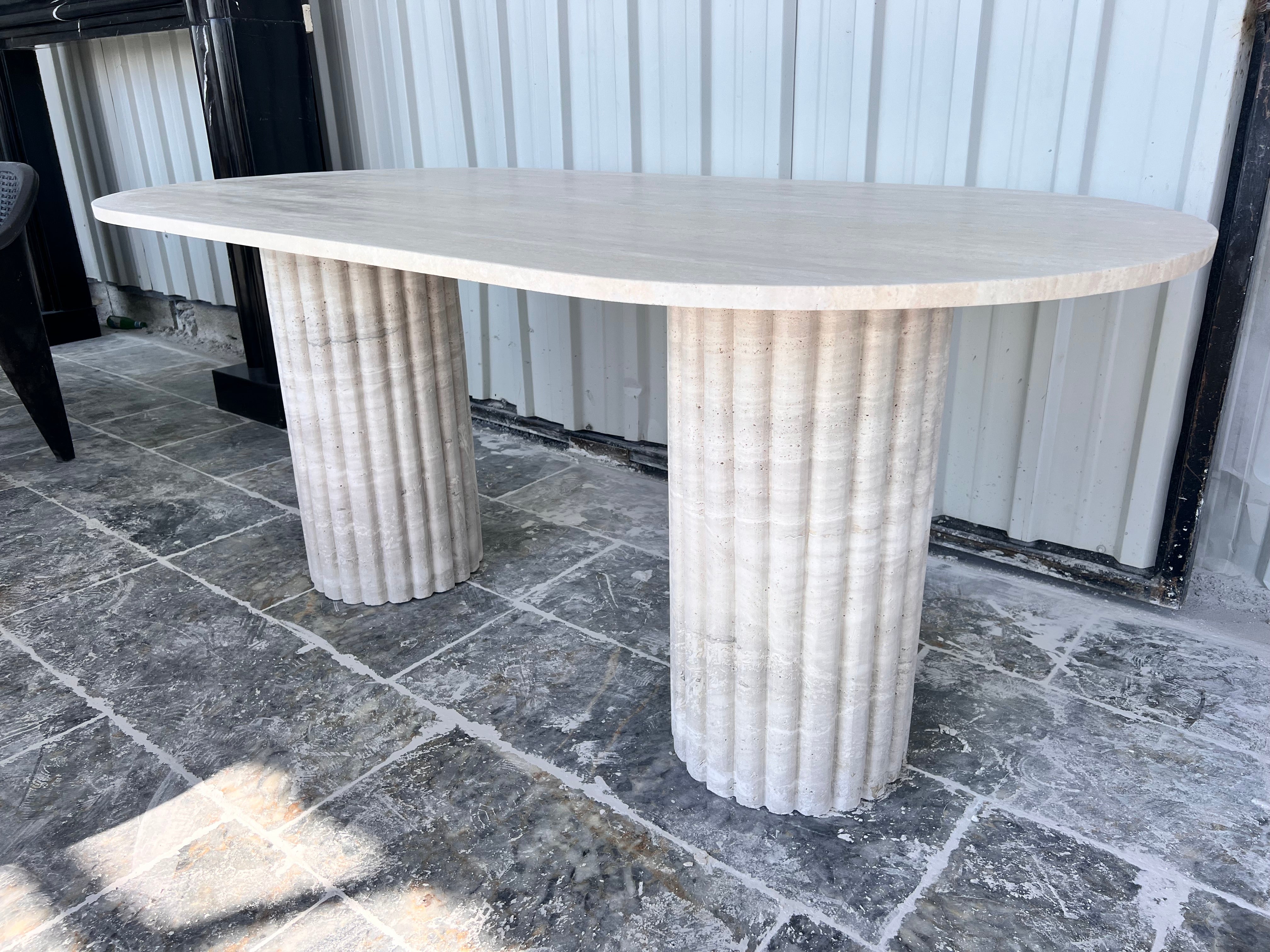 Oval Travertine Dining Table, Fluted Travertine Table, Stone Dining Table, Farmhouse Table