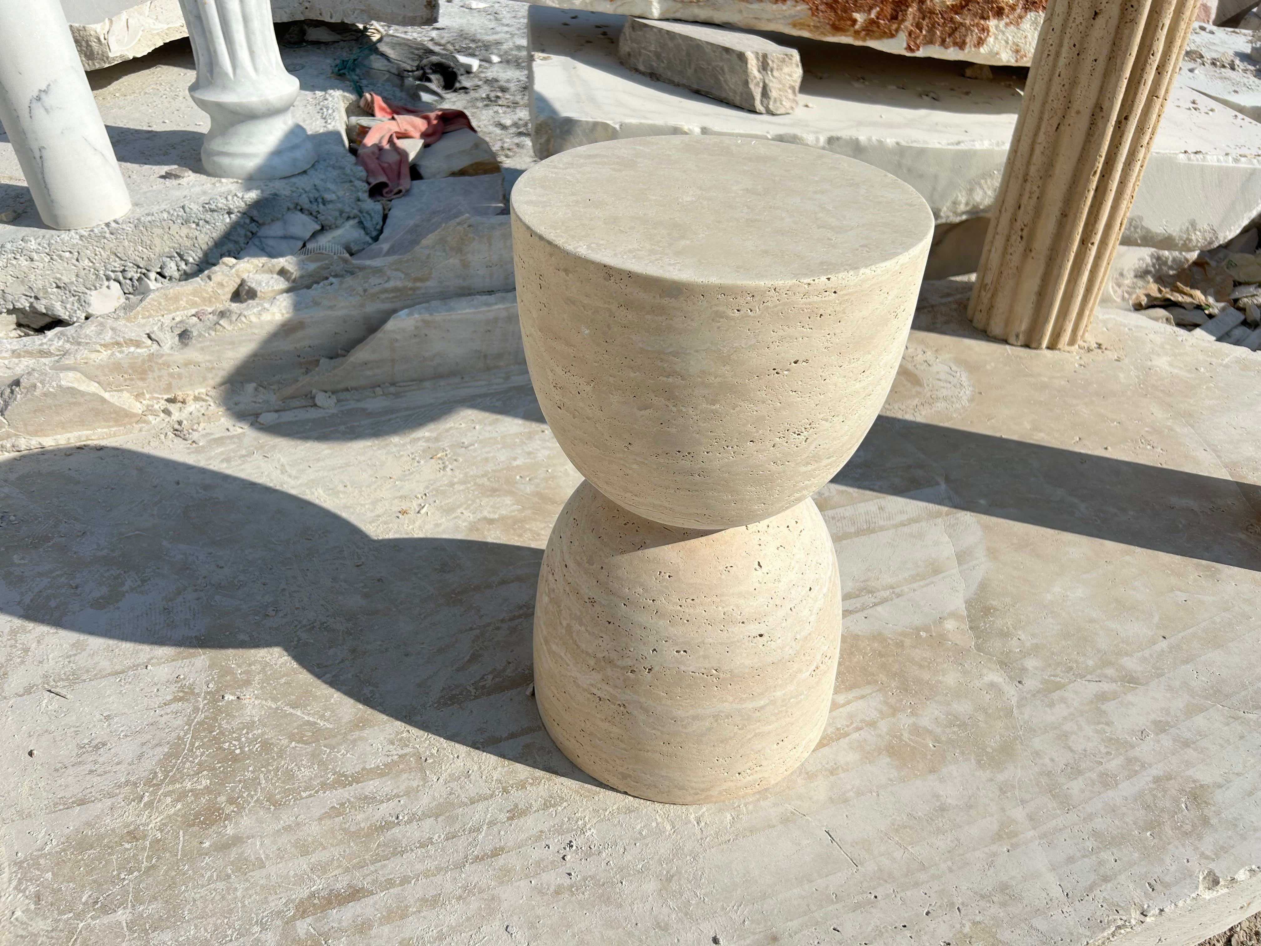 Travertine Side Table, Sandglass Shaped End Table, Conical Leg Coffee Table, Garden Small Table, Contemporary Home Decor