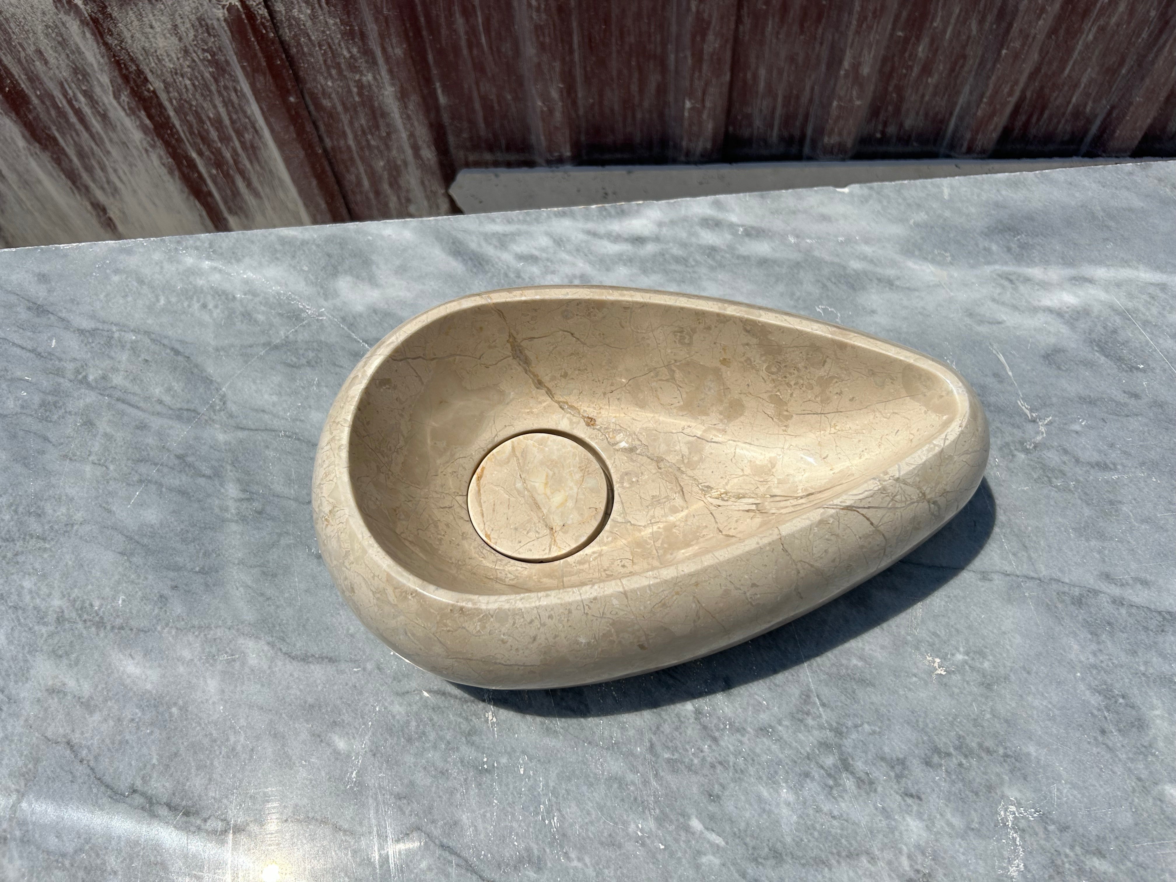 Beige Marble Vessel Sink, Egg Formed Small Marble Sink for Bathroom Vanity Top