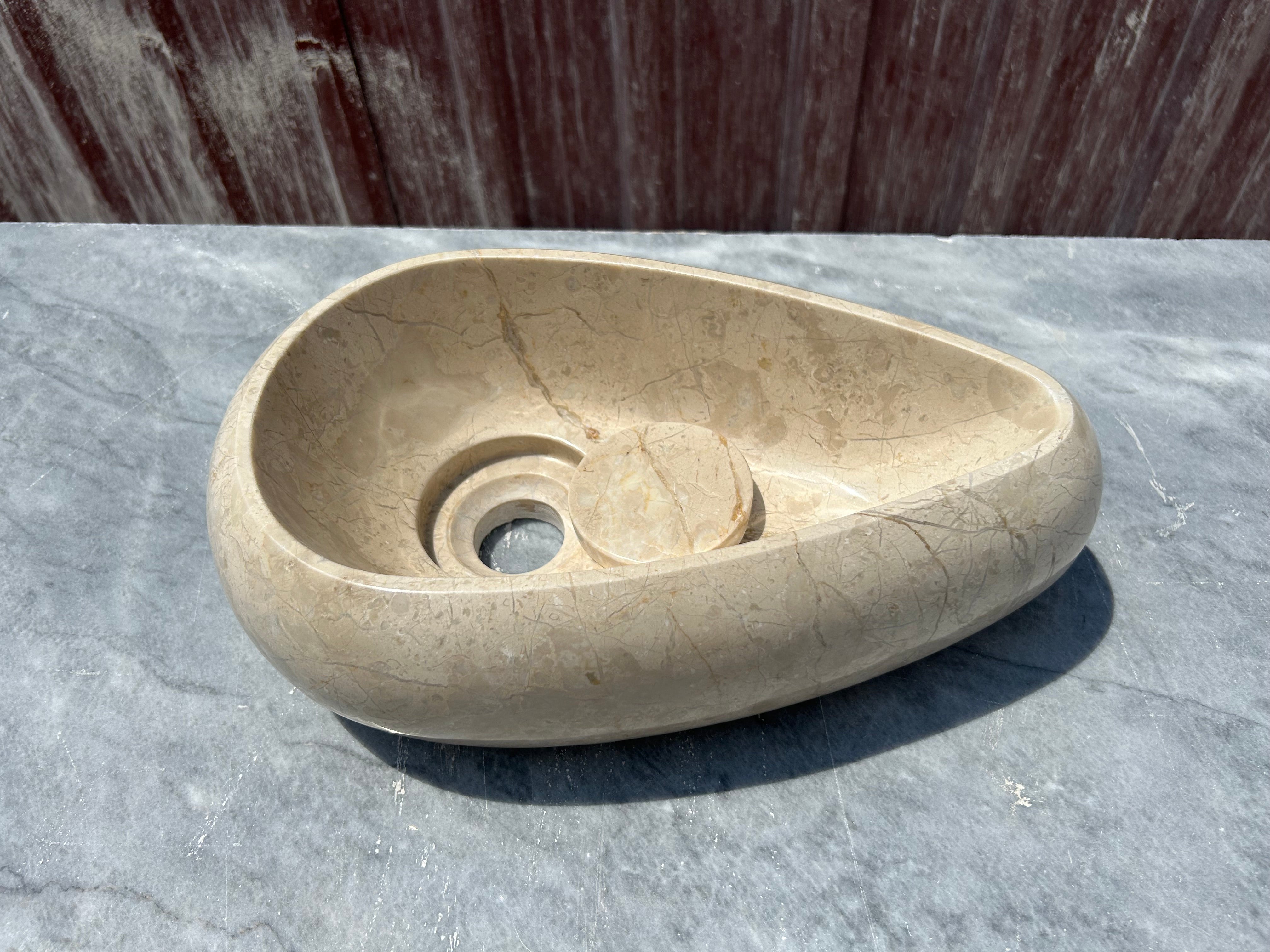 Beige Marble Vessel Sink, Egg Formed Small Marble Sink for Bathroom Vanity Top