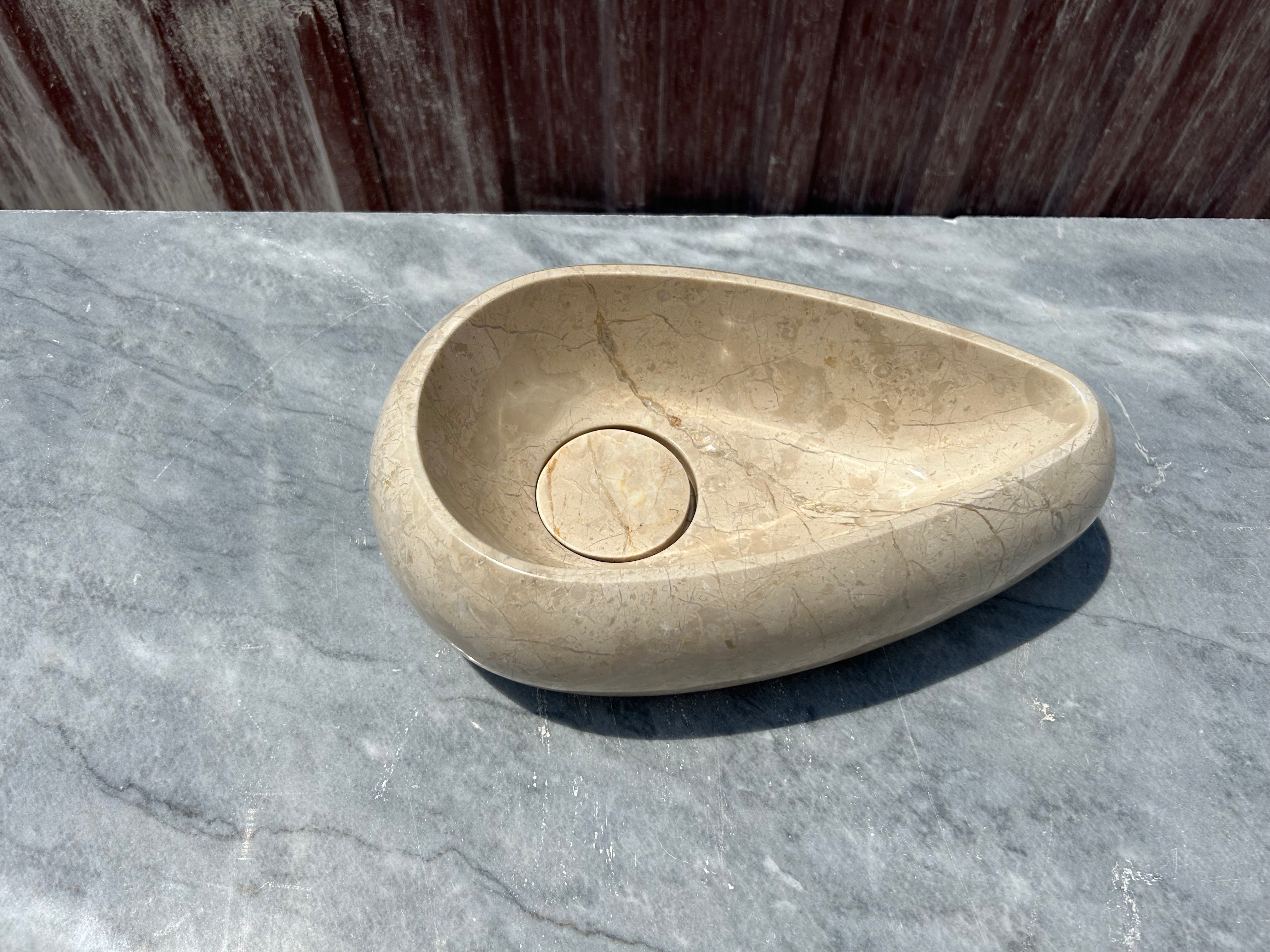 Beige Marble Vessel Sink, Egg Formed Small Marble Sink for Bathroom Vanity Top