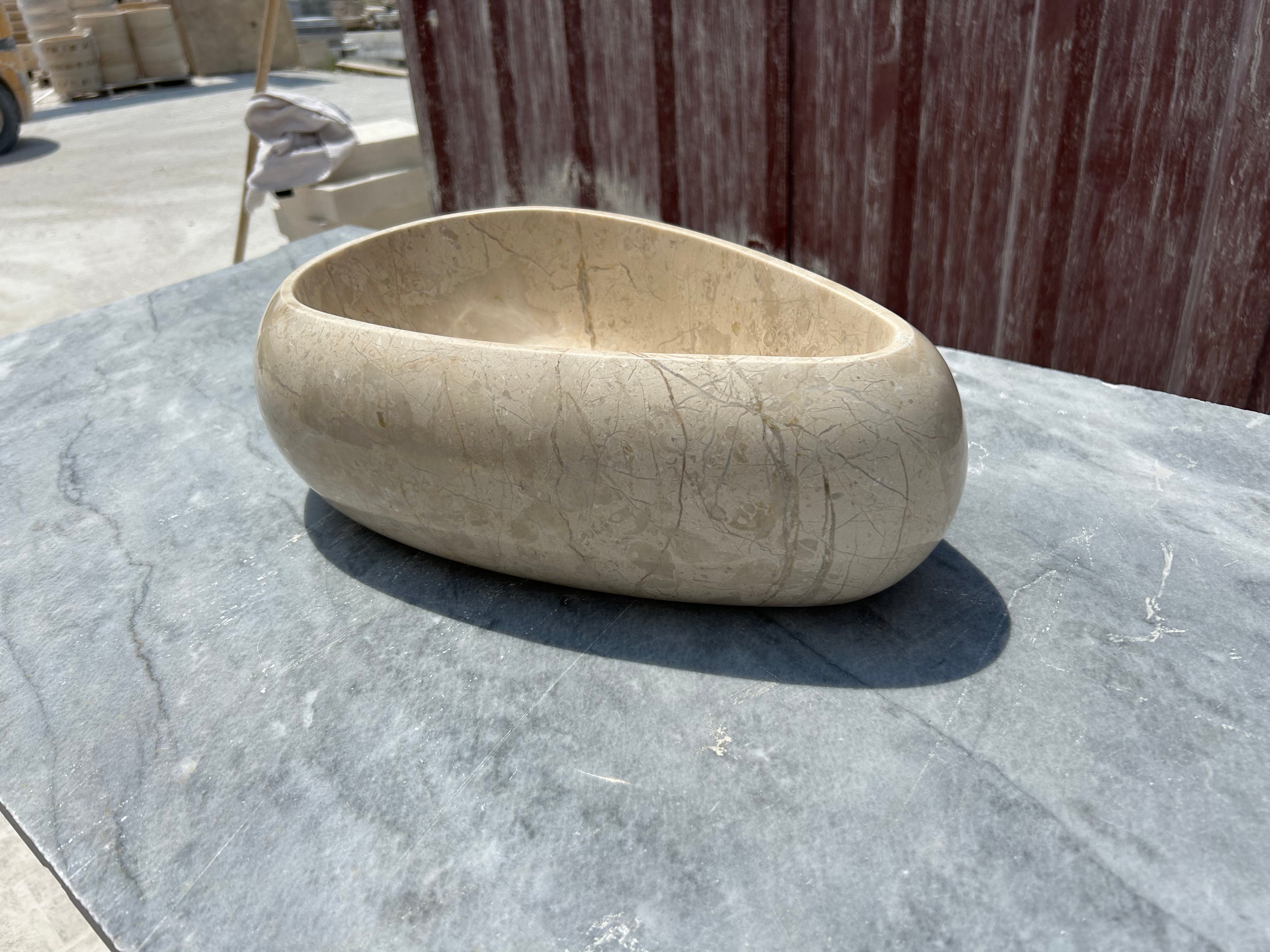 Beige Marble Vessel Sink, Egg Formed Small Marble Sink for Bathroom Vanity Top