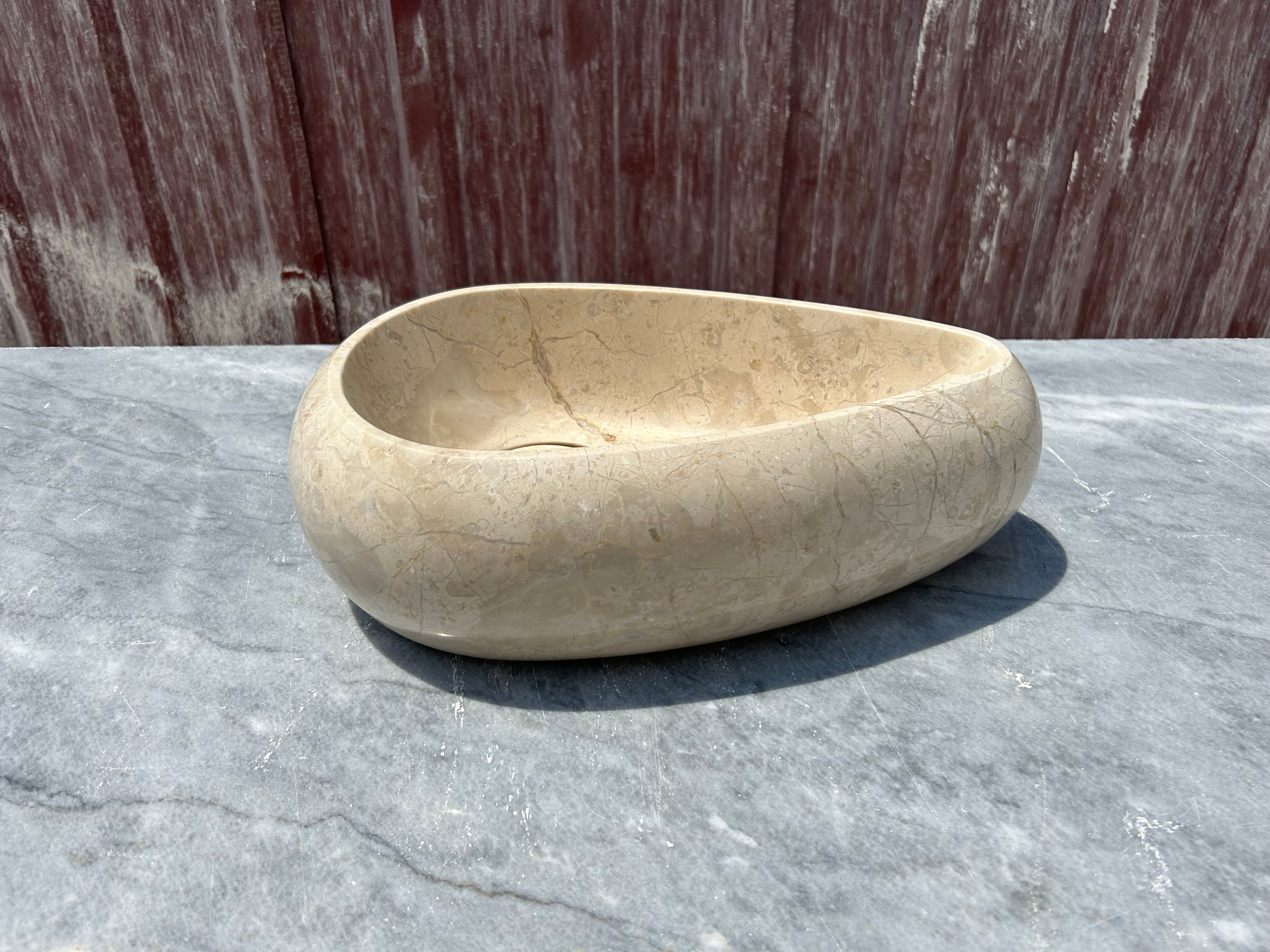 Beige Marble Vessel Sink, Egg Formed Small Marble Sink for Bathroom Vanity Top