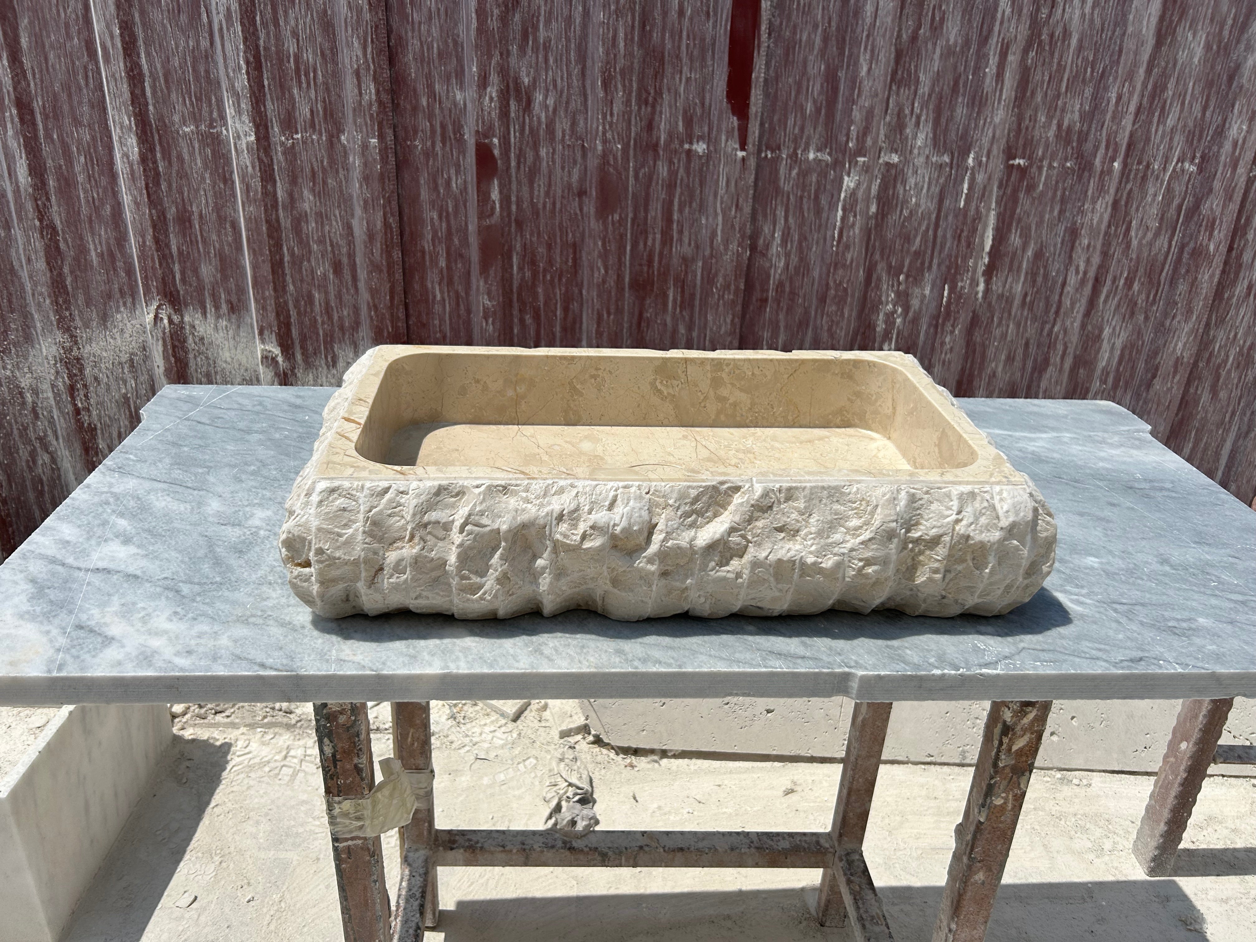 Beige Marble Sink, Rough Stone Vessel Sink Hand Carved Bathroom Vanity Top for Farmhouse Powder Room, With Sink Strainer Cover