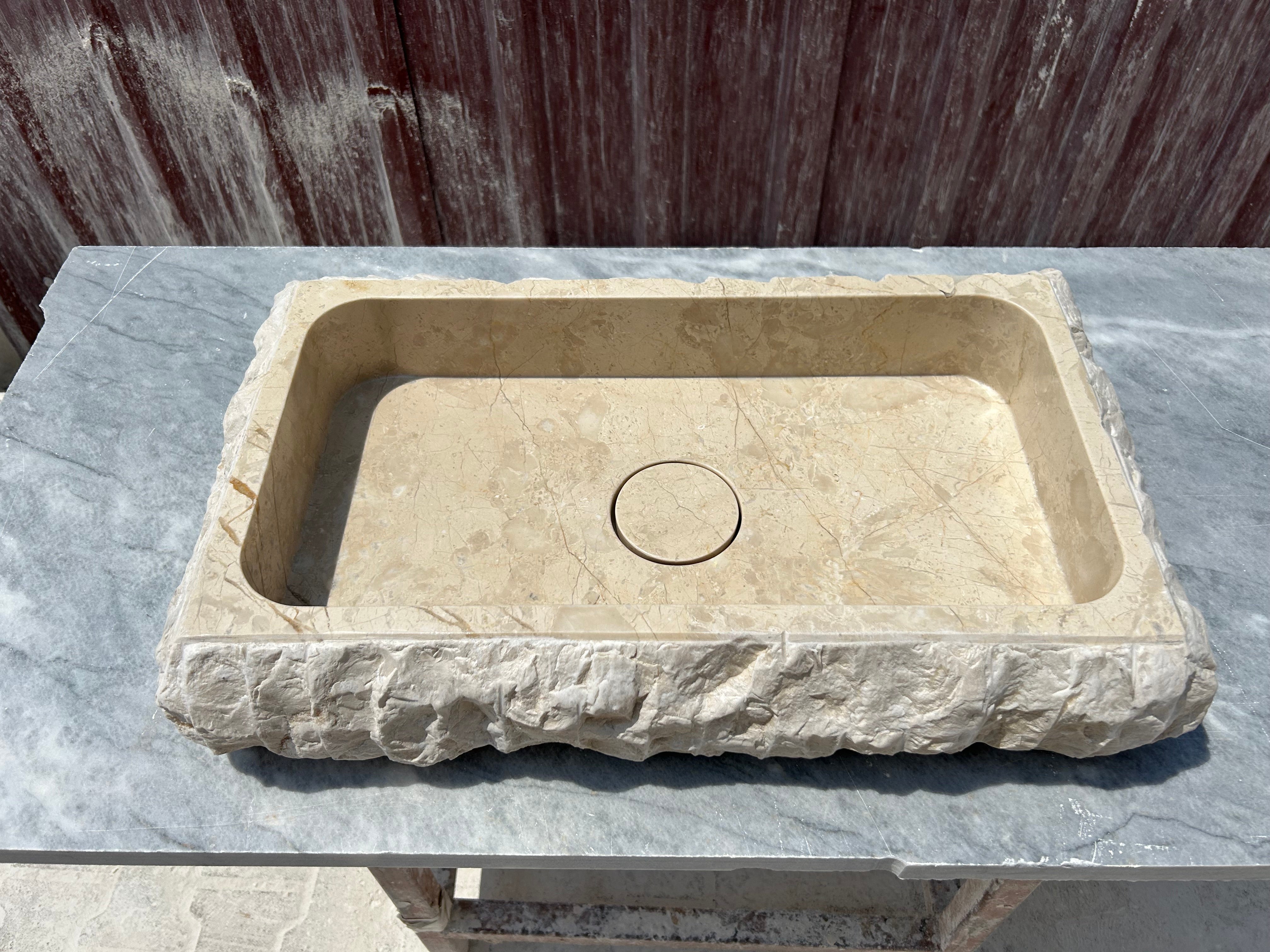 Beige Marble Sink, Rough Stone Vessel Sink Hand Carved Bathroom Vanity Top for Farmhouse Powder Room, With Sink Strainer Cover