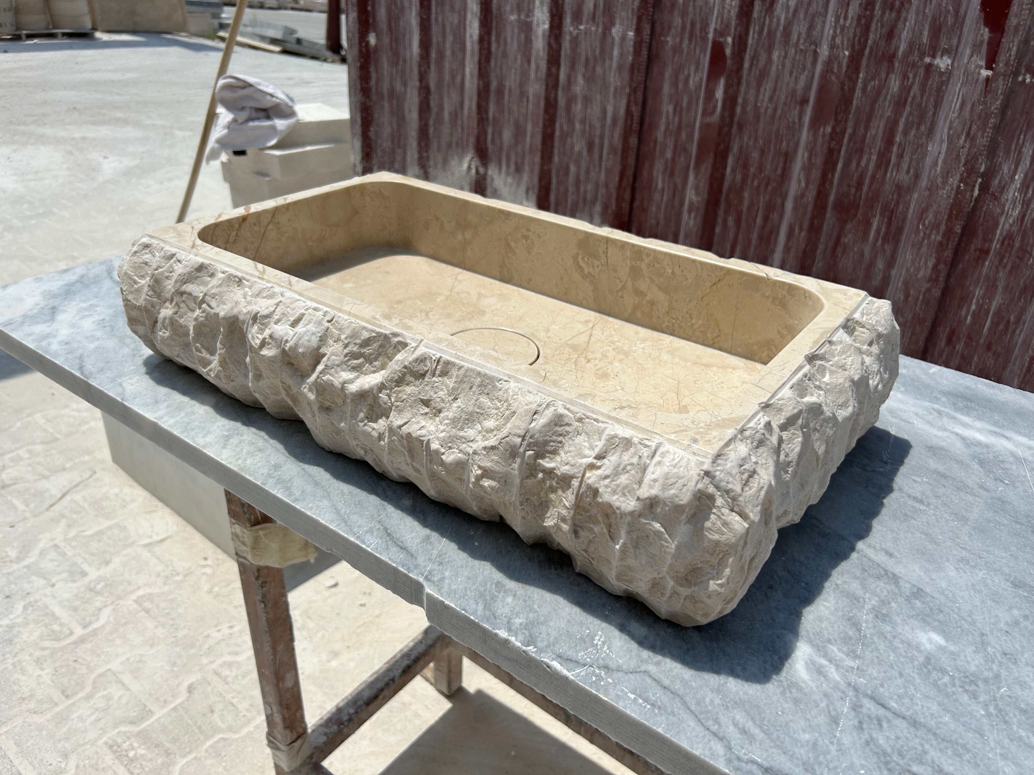 Beige Marble Sink, Rough Stone Vessel Sink Hand Carved Bathroom Vanity Top for Farmhouse Powder Room, With Sink Strainer Cover