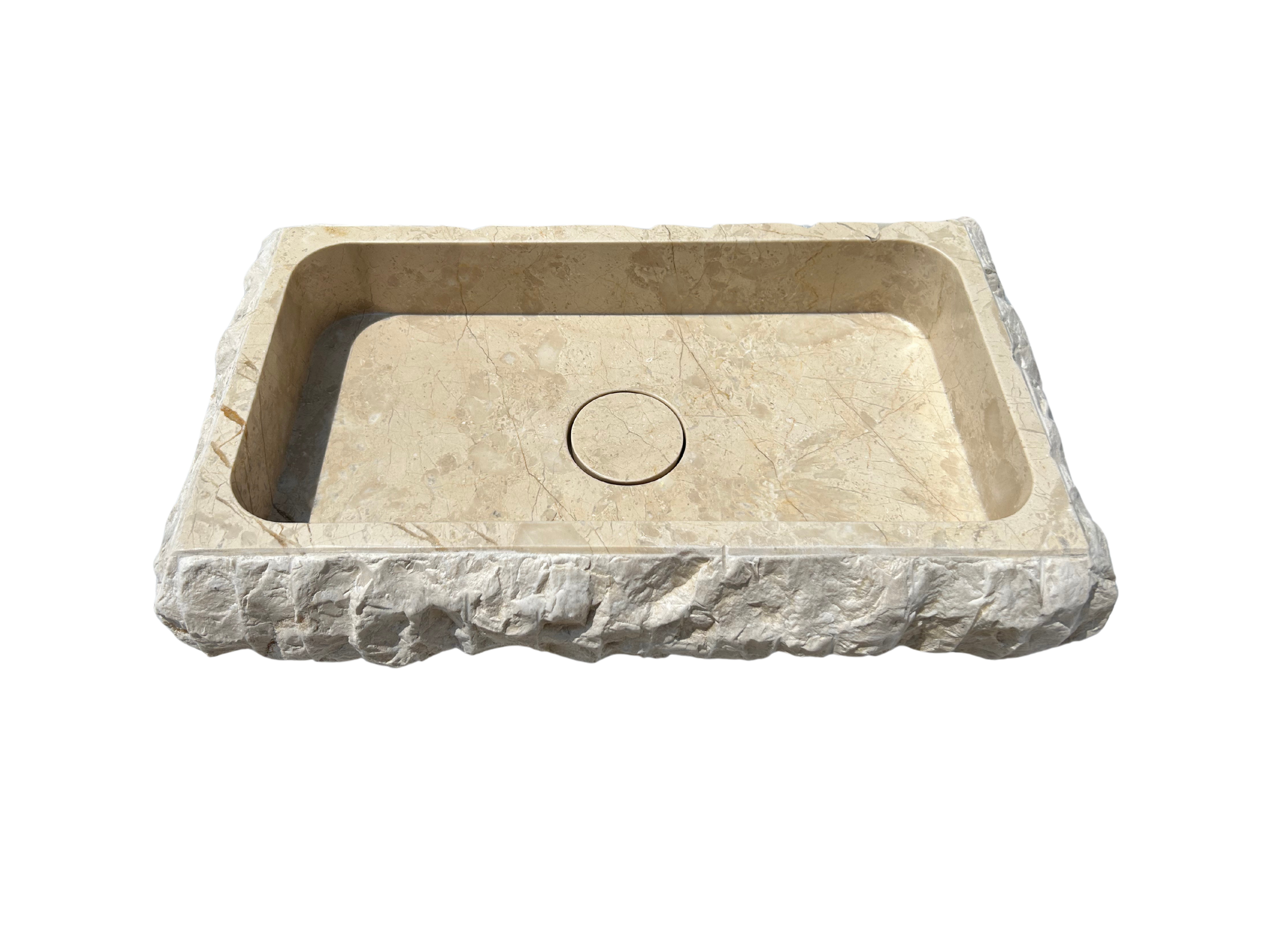 Beige Marble Sink, Rough Stone Vessel Sink Hand Carved Bathroom Vanity Top for Farmhouse Powder Room, With Sink Strainer Cover
