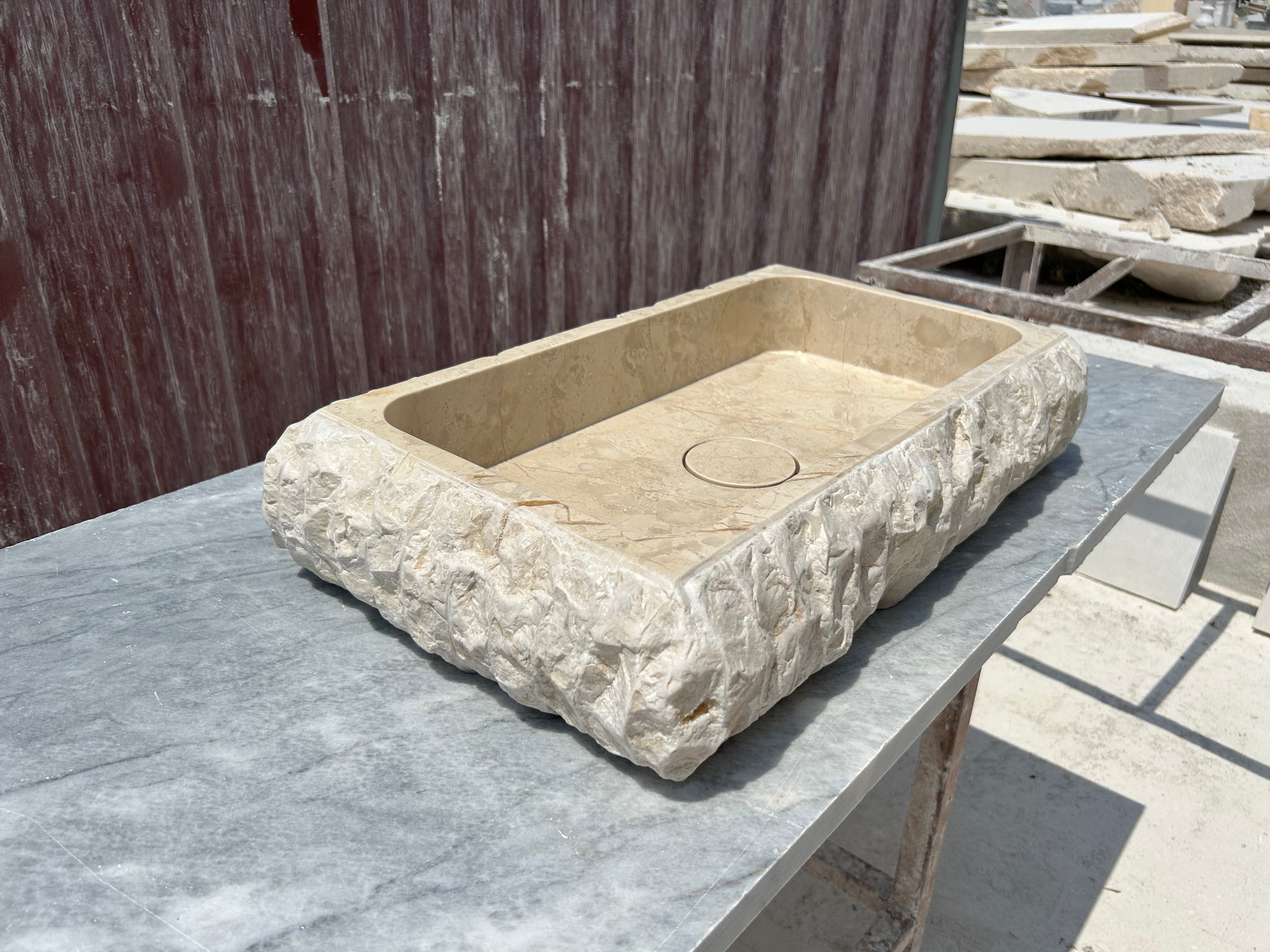 Beige Marble Sink, Rough Stone Vessel Sink Hand Carved Bathroom Vanity Top for Farmhouse Powder Room, With Sink Strainer Cover