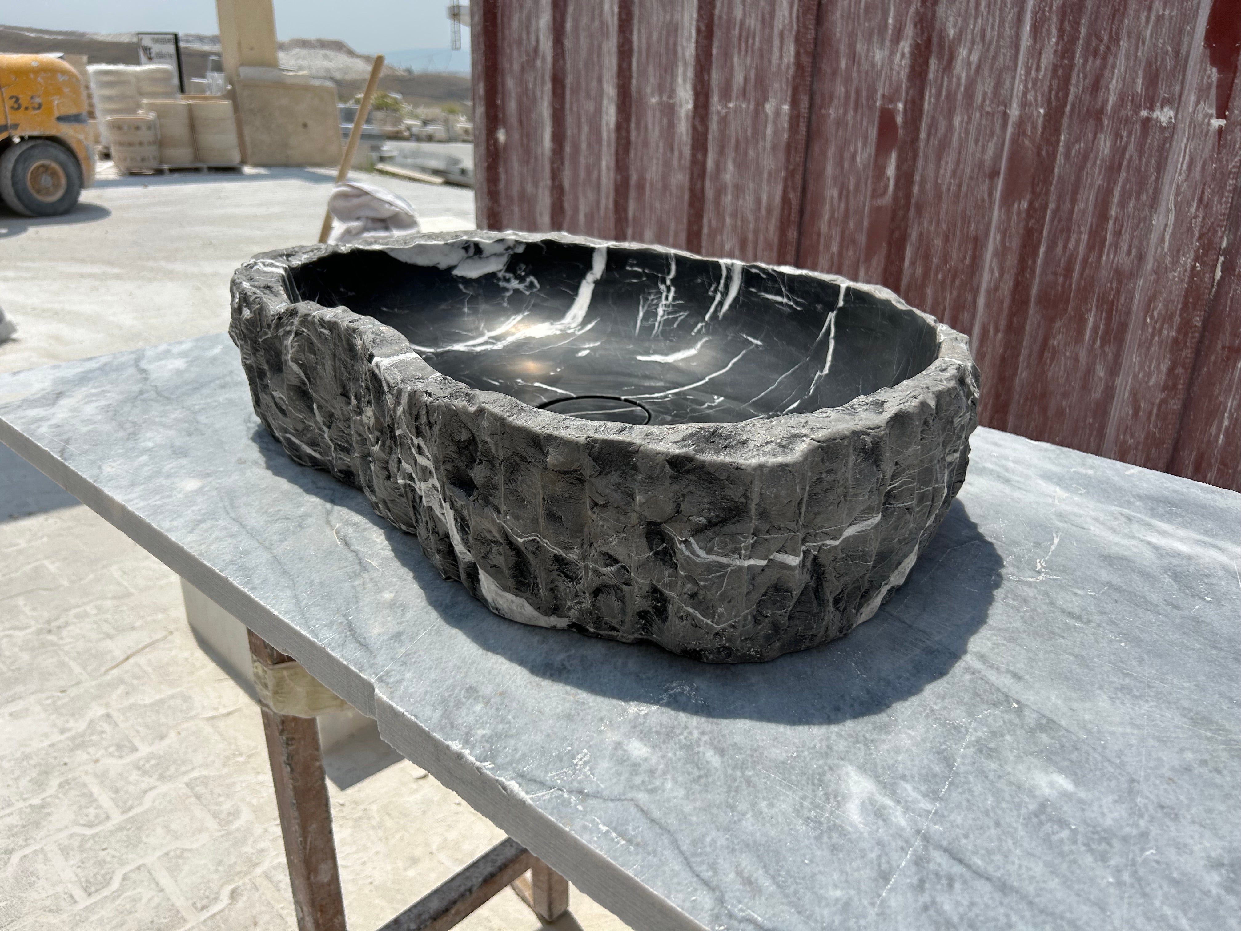 Chiseled Black Marble Vessel Sink Amorphous Formed Nero Marquina Sink With Strainer Cover for Rustic Bathroom Vanity Top