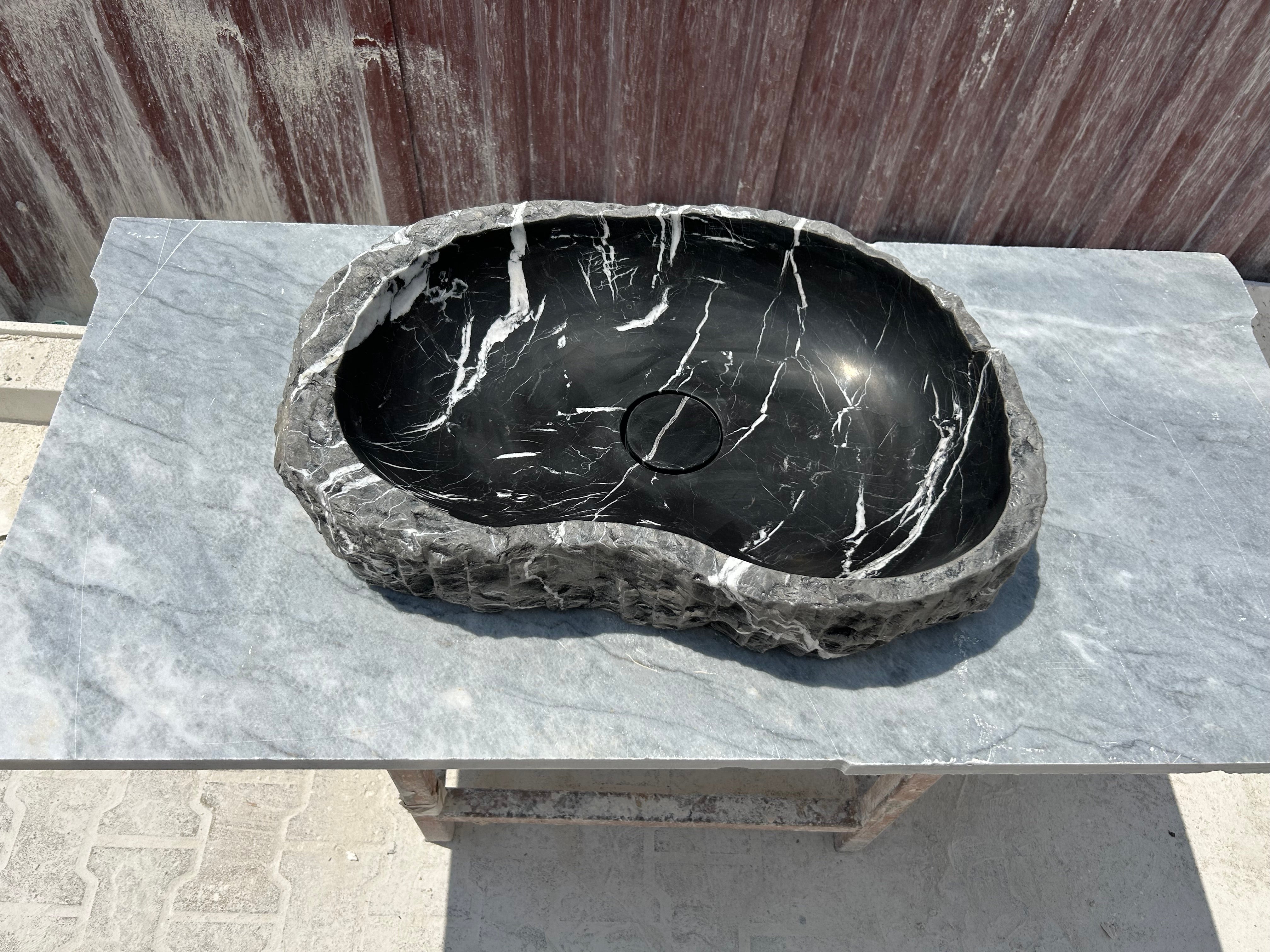 Chiseled Black Marble Vessel Sink Amorphous Formed Nero Marquina Sink With Strainer Cover for Rustic Bathroom Vanity Top