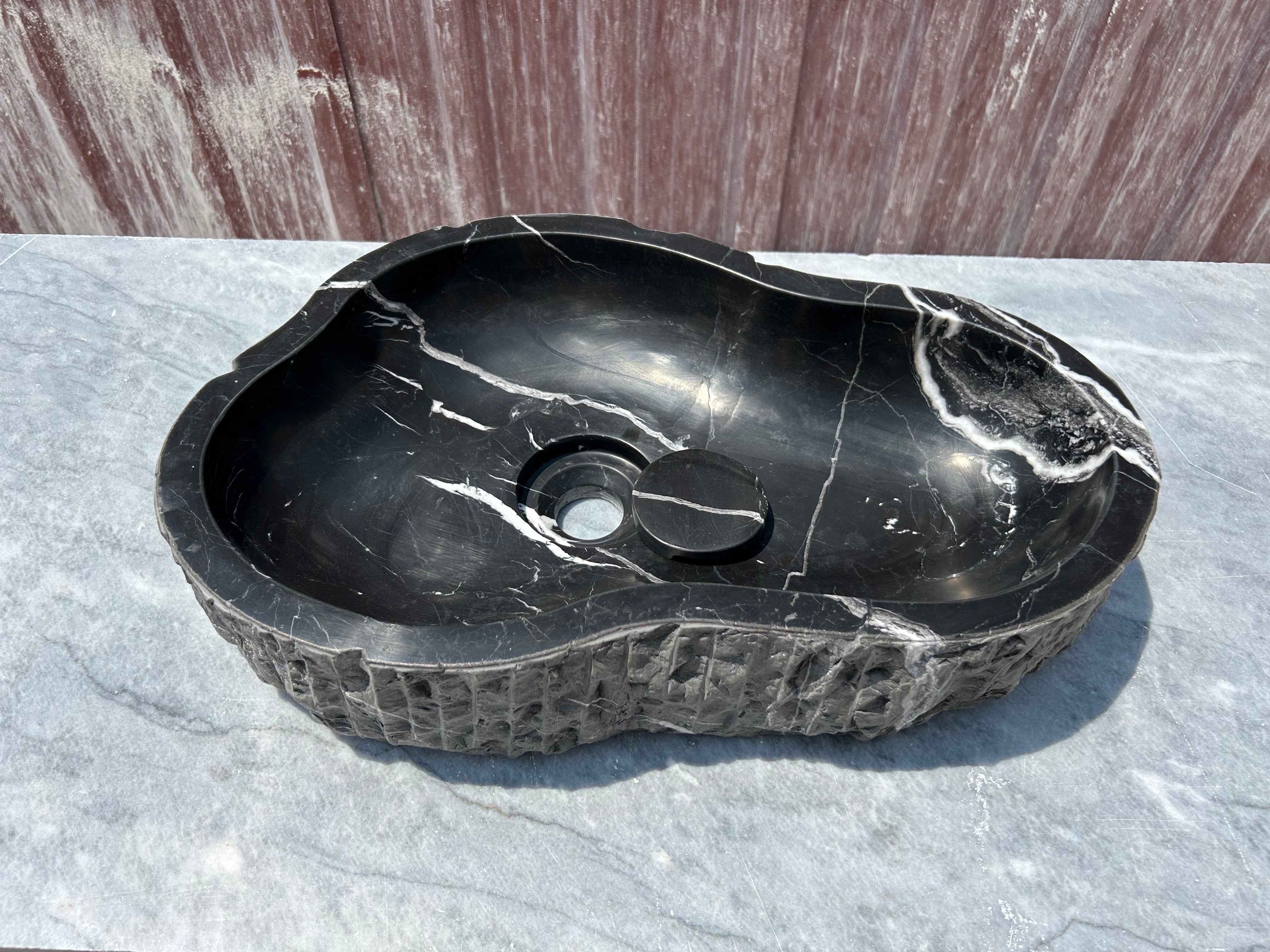 Chiseled Nero Marquina Vessel Sink for Rustic Bathroom Vanity Top, Amorphous Formed Black Marble Sink With Strainer Cover