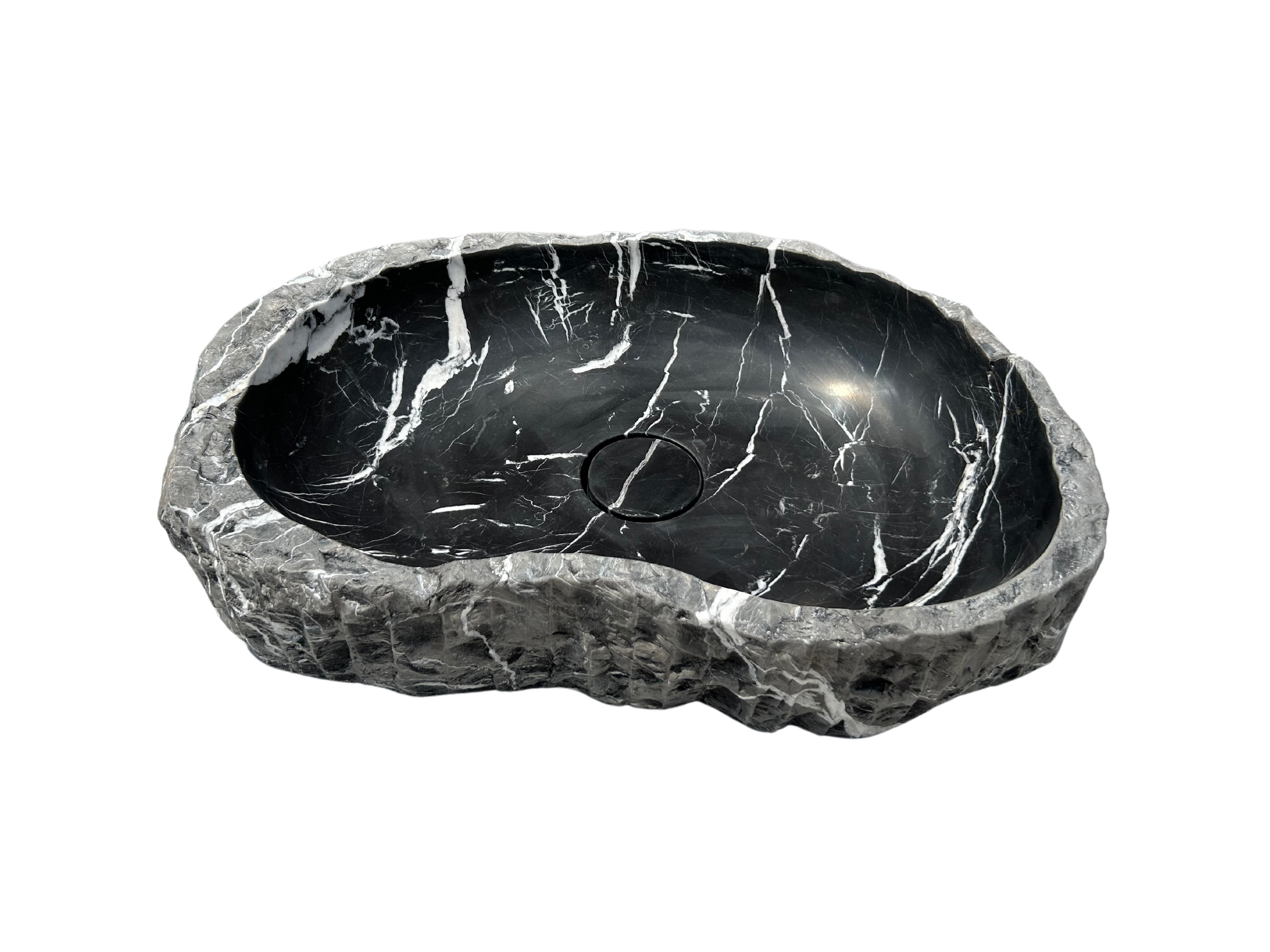Chiseled Black Marble Vessel Sink Amorphous Formed Nero Marquina Sink With Strainer Cover for Rustic Bathroom Vanity Top