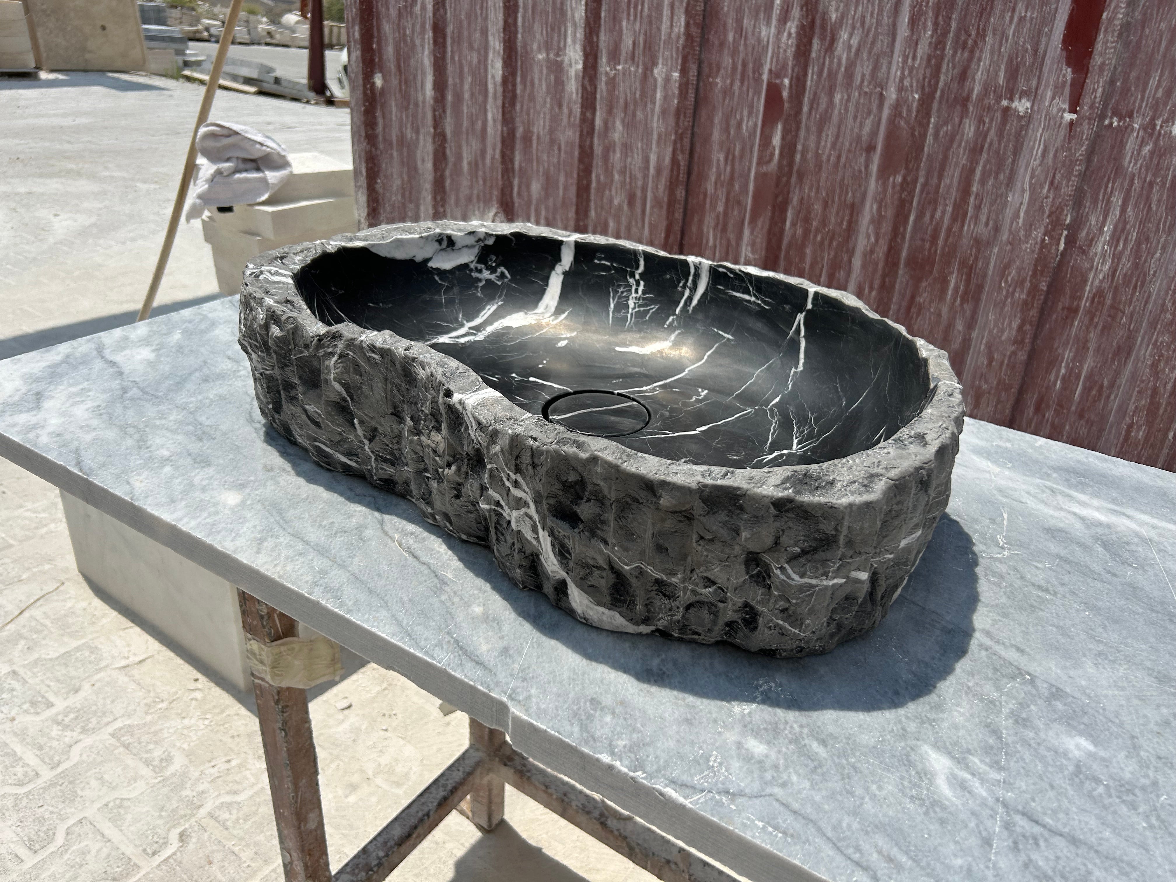Chiseled Black Marble Vessel Sink Amorphous Formed Nero Marquina Sink With Strainer Cover for Rustic Bathroom Vanity Top