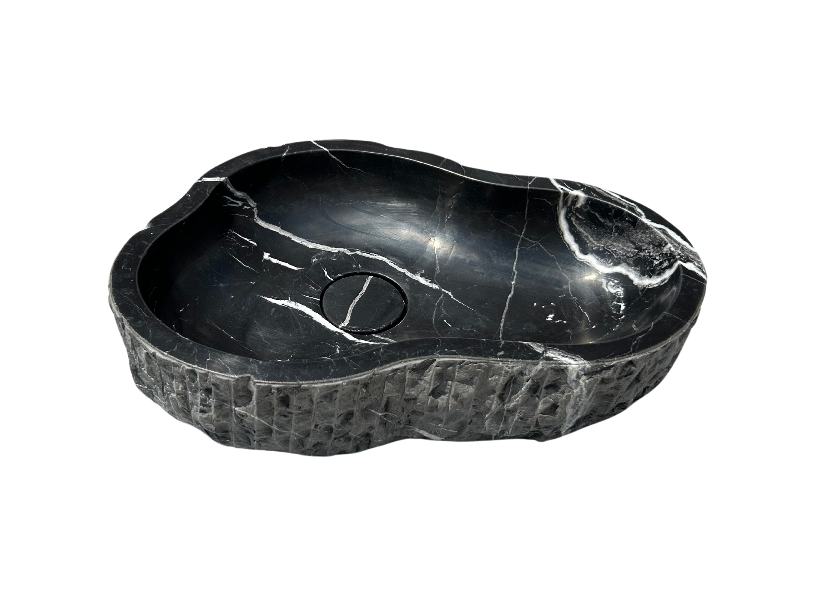 Chiseled Nero Marquina Vessel Sink for Rustic Bathroom Vanity Top, Amorphous Formed Black Marble Sink With Strainer Cover