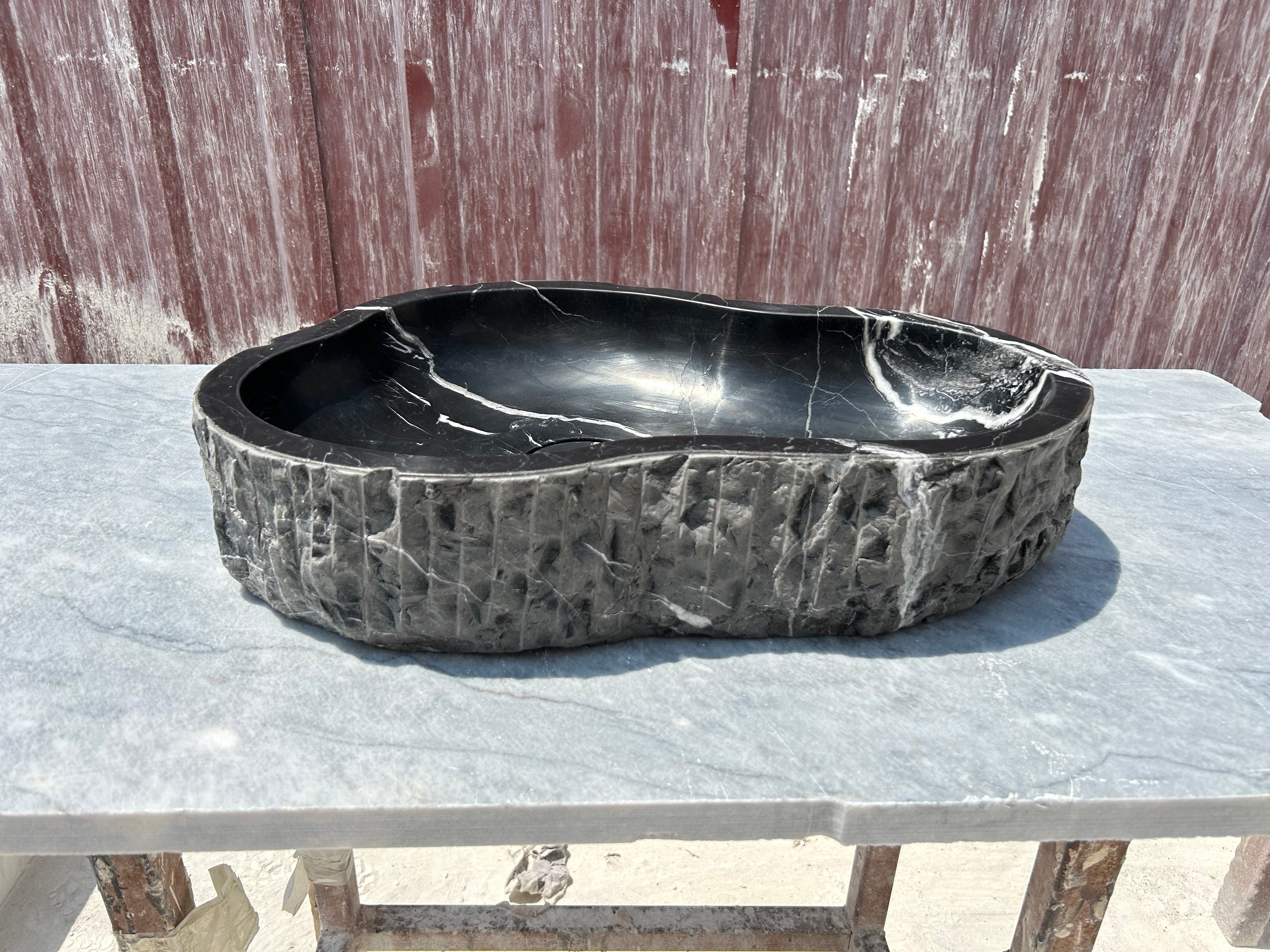 Chiseled Nero Marquina Vessel Sink for Rustic Bathroom Vanity Top, Amorphous Formed Black Marble Sink With Strainer Cover