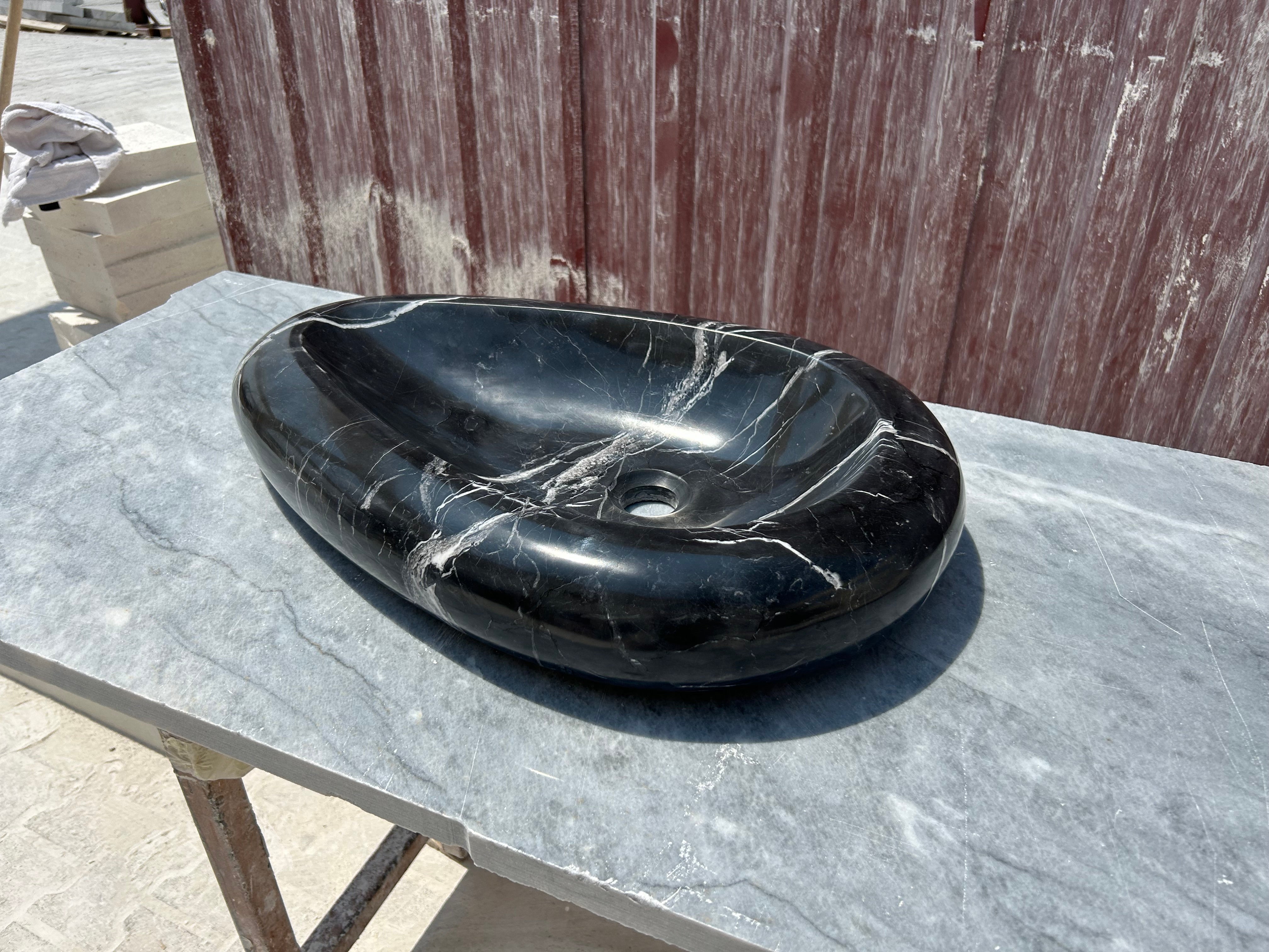 Black Marble Vessel Sink for Bathroom Vanity Top, Egg Formed Nero Marquina Marble Sink