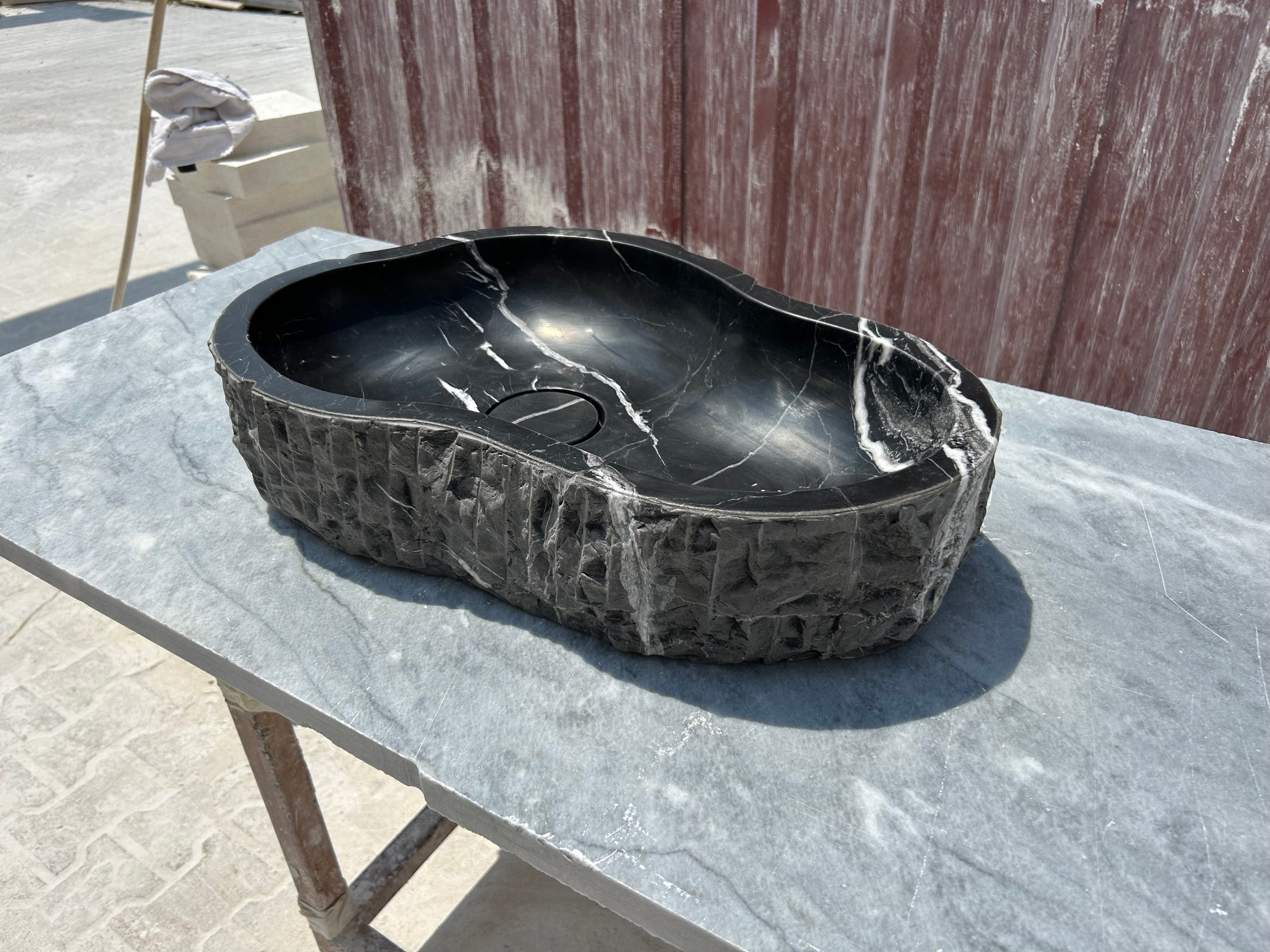 Chiseled Nero Marquina Vessel Sink for Rustic Bathroom Vanity Top, Amorphous Formed Black Marble Sink With Strainer Cover