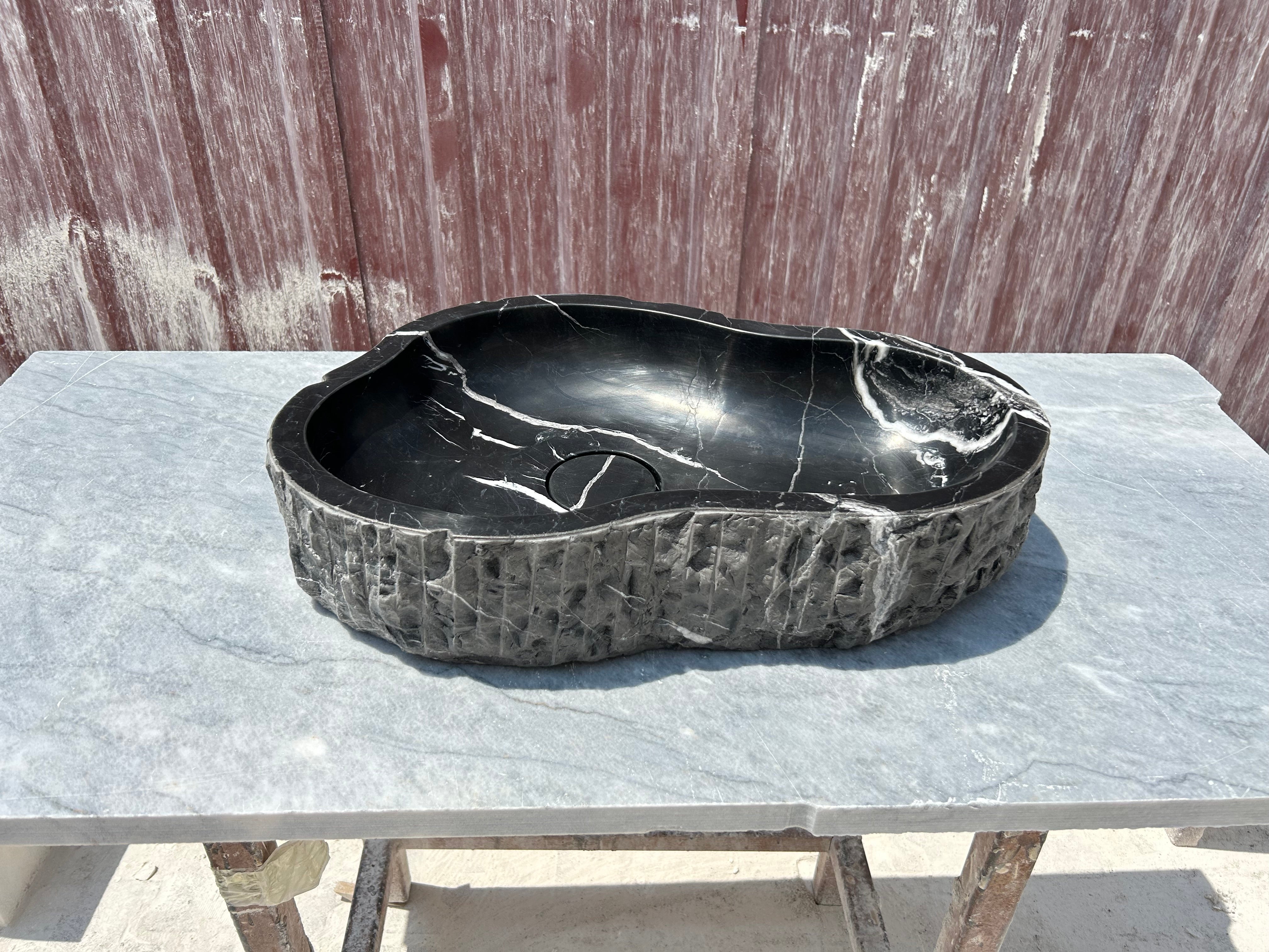 Chiseled Nero Marquina Vessel Sink for Rustic Bathroom Vanity Top, Amorphous Formed Black Marble Sink With Strainer Cover