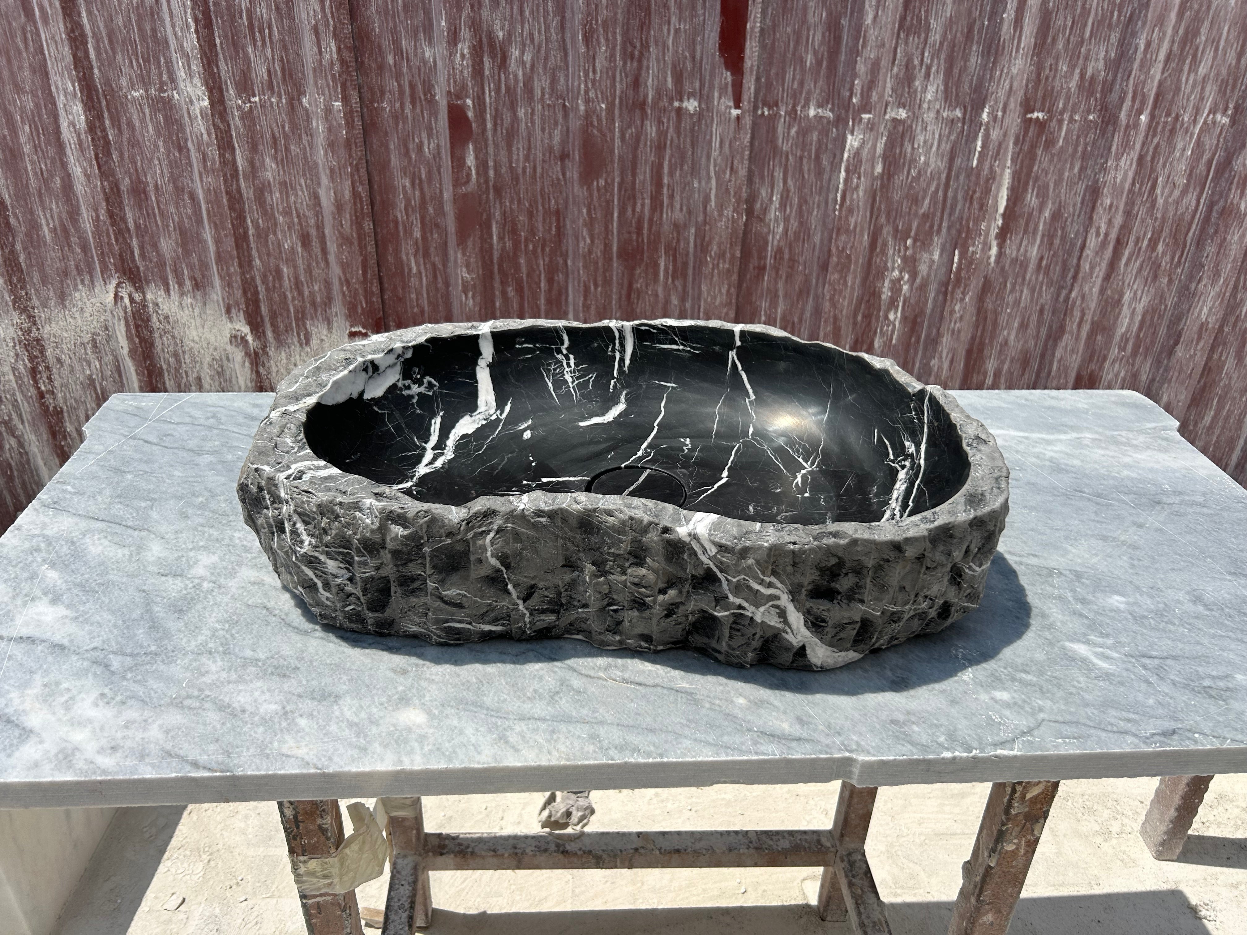 Chiseled Black Marble Vessel Sink Amorphous Formed Nero Marquina Sink With Strainer Cover for Rustic Bathroom Vanity Top