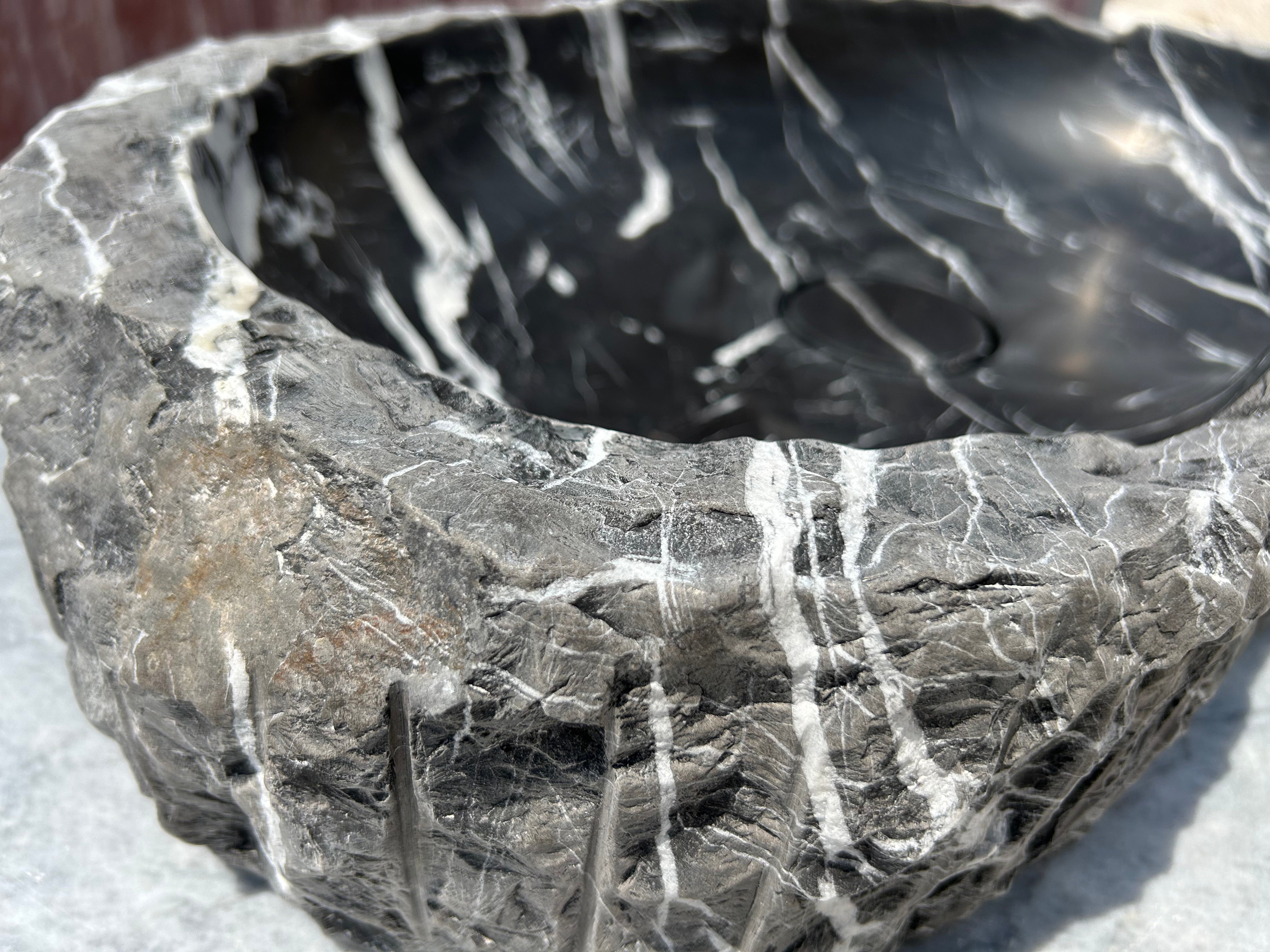 Chiseled Black Marble Vessel Sink Amorphous Formed Nero Marquina Sink With Strainer Cover for Rustic Bathroom Vanity Top