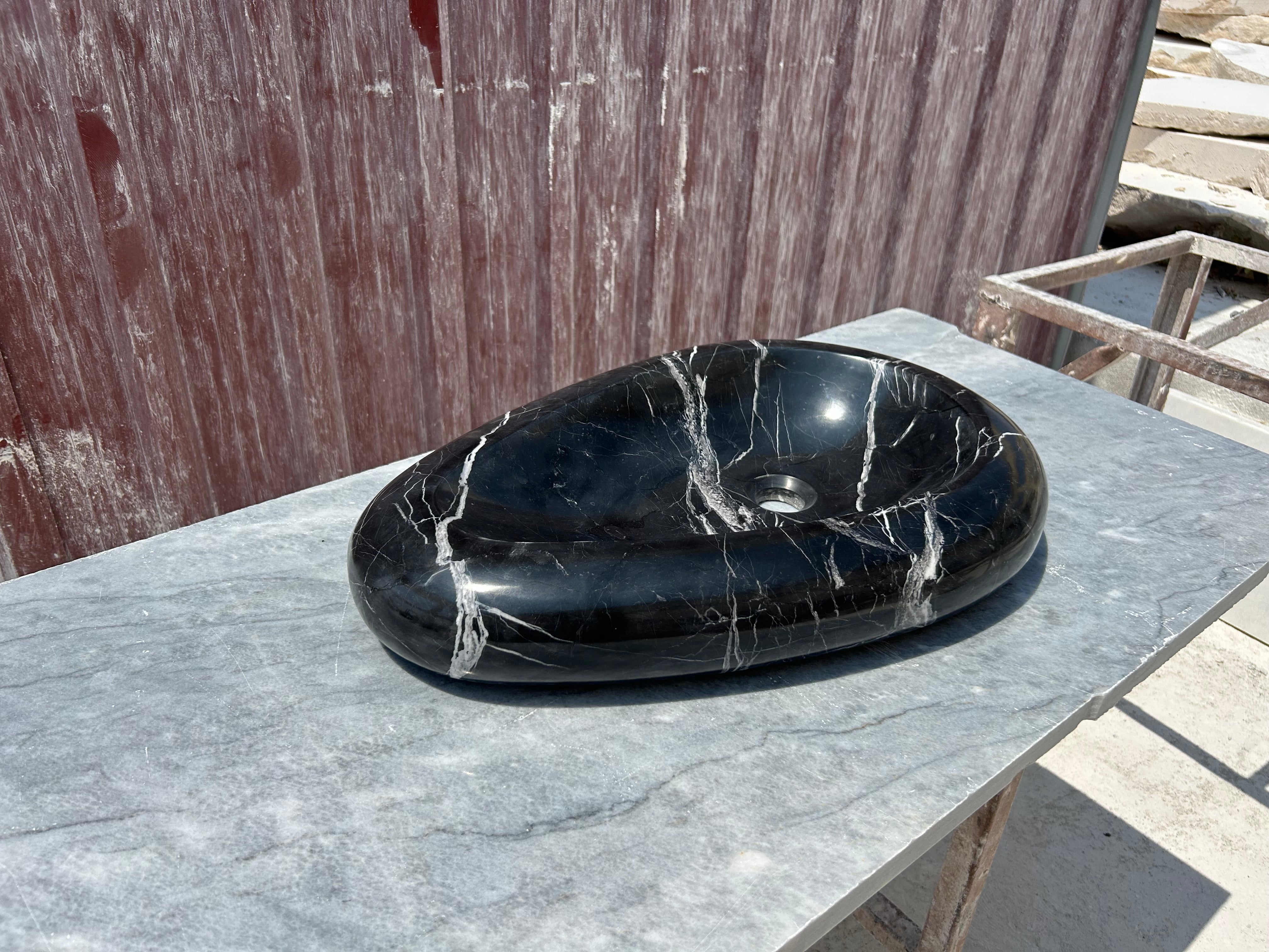 Black Marble Vessel Sink for Bathroom Vanity Top, Egg Formed Nero Marquina Marble Sink