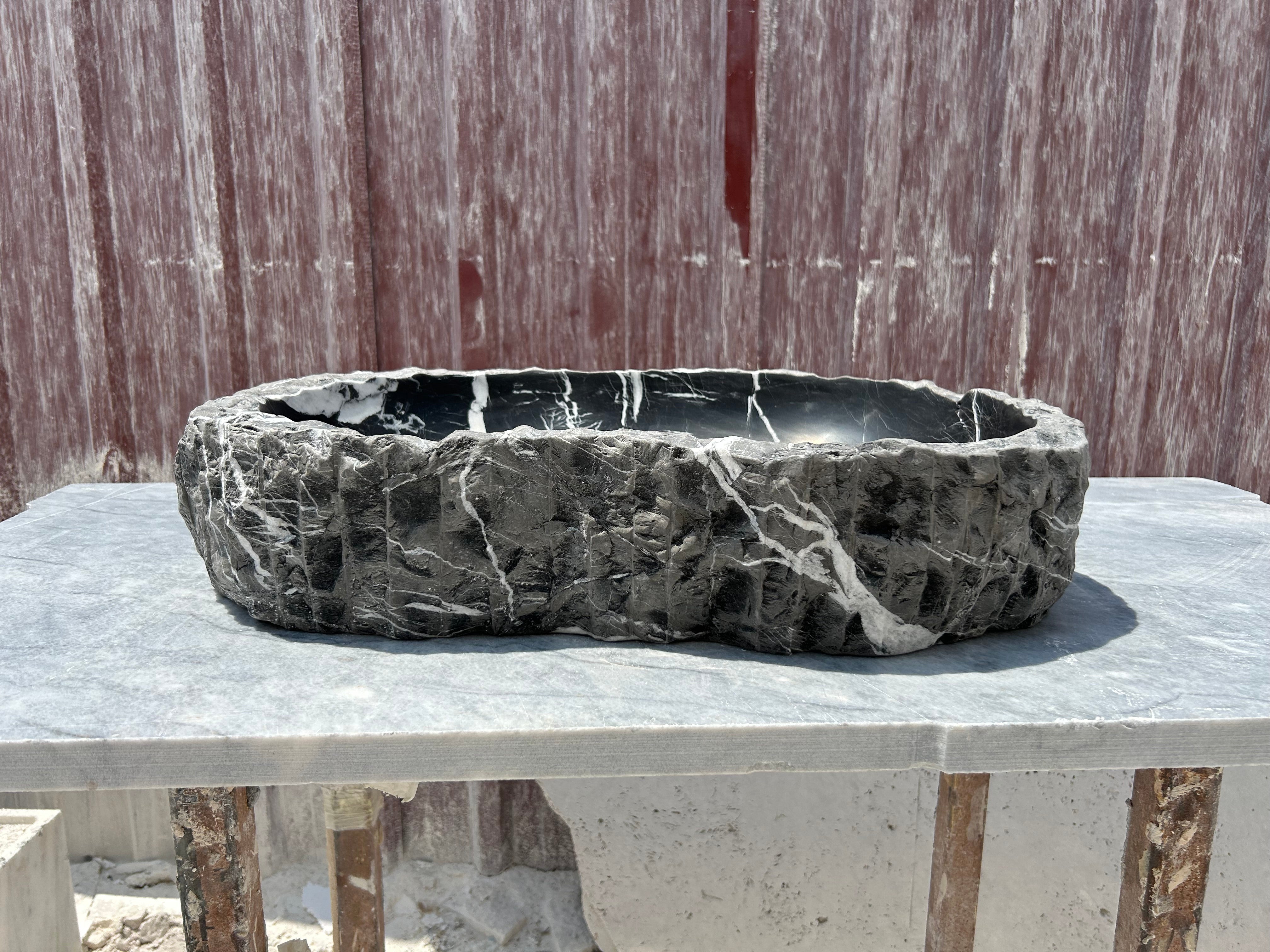 Chiseled Black Marble Vessel Sink Amorphous Formed Nero Marquina Sink With Strainer Cover for Rustic Bathroom Vanity Top
