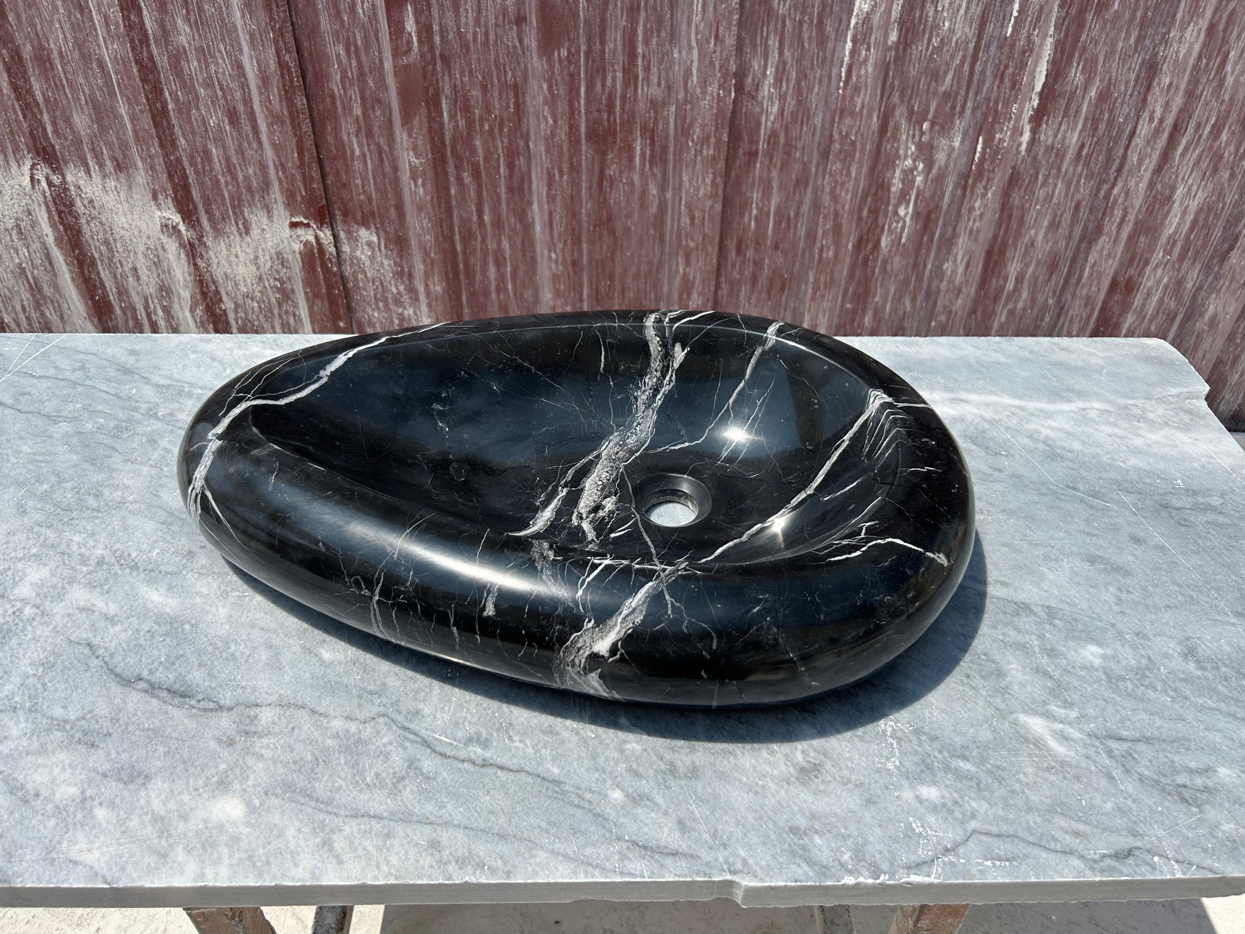 Black Marble Vessel Sink for Bathroom Vanity Top, Egg Formed Nero Marquina Marble Sink