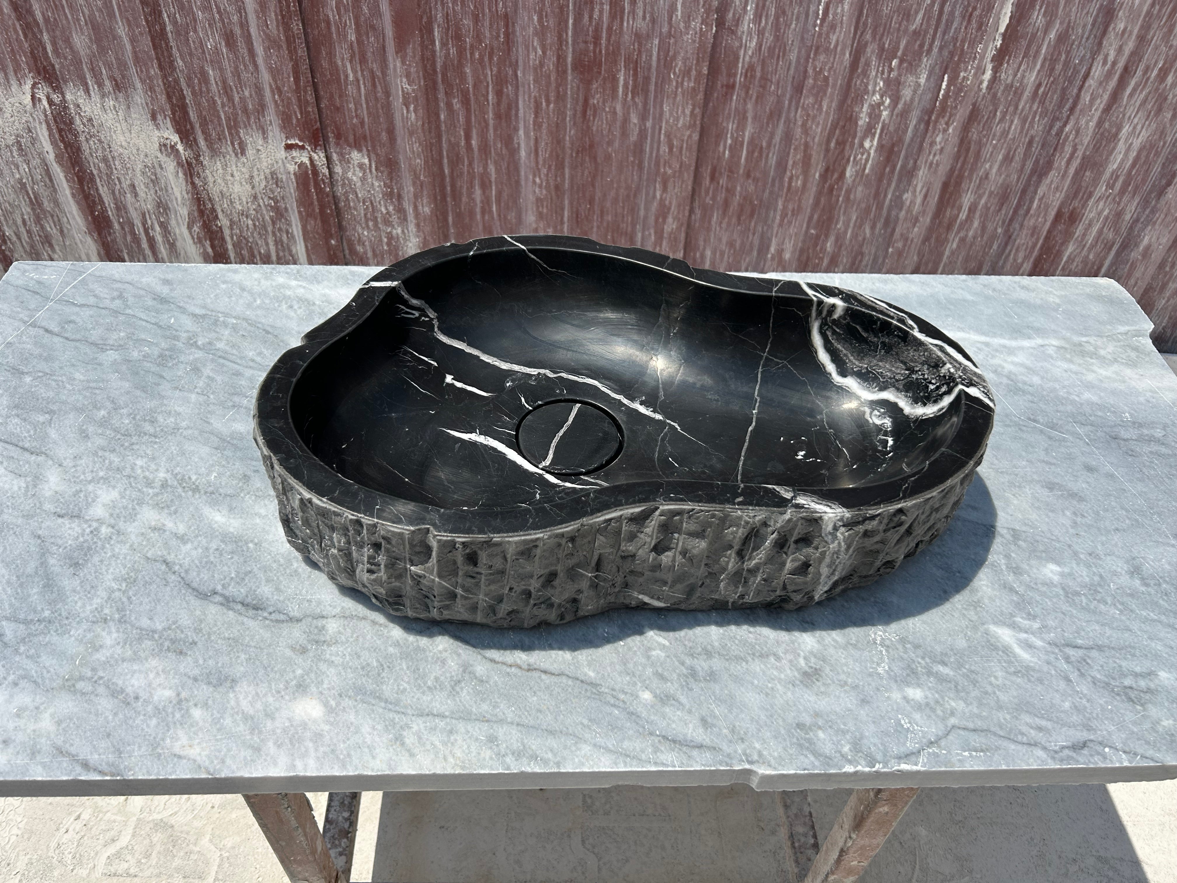 Chiseled Nero Marquina Vessel Sink for Rustic Bathroom Vanity Top, Amorphous Formed Black Marble Sink With Strainer Cover