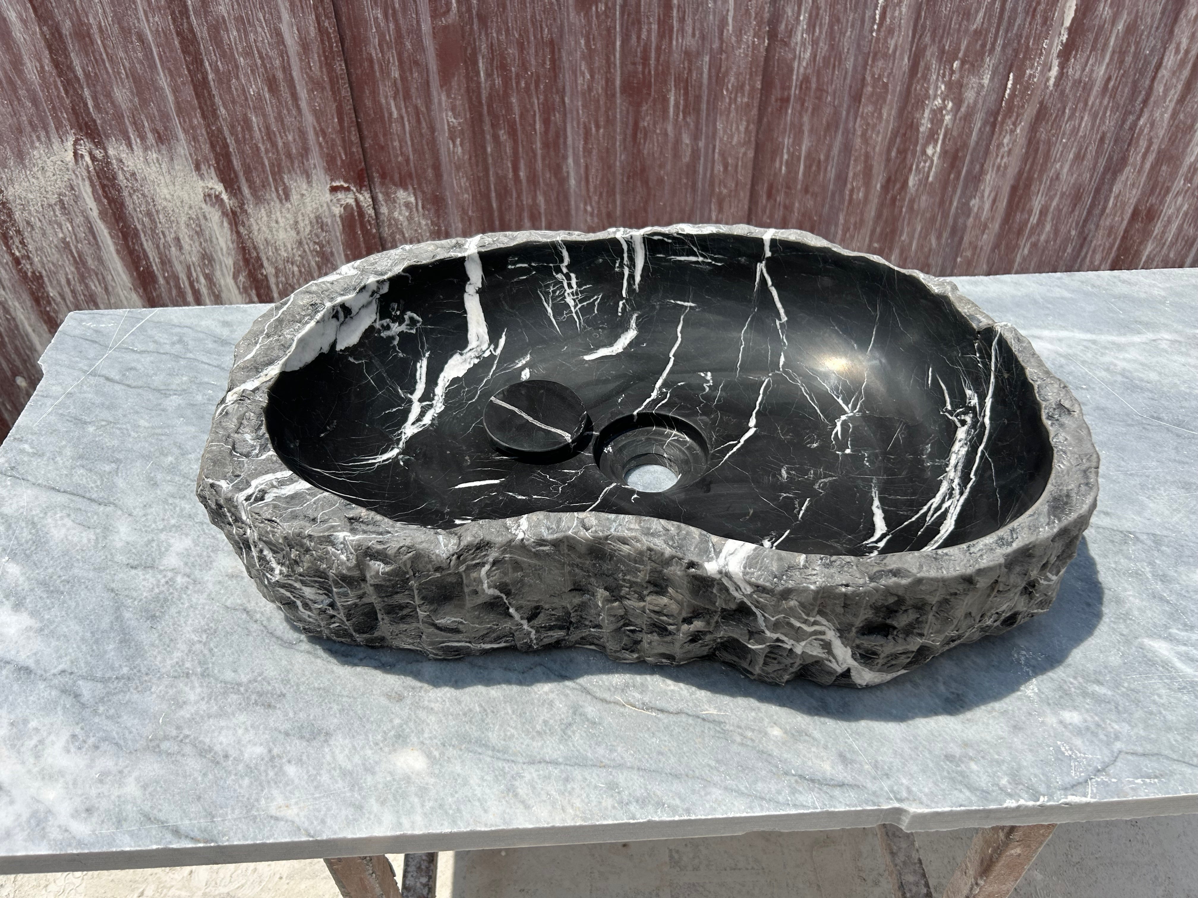 Chiseled Black Marble Vessel Sink Amorphous Formed Nero Marquina Sink With Strainer Cover for Rustic Bathroom Vanity Top