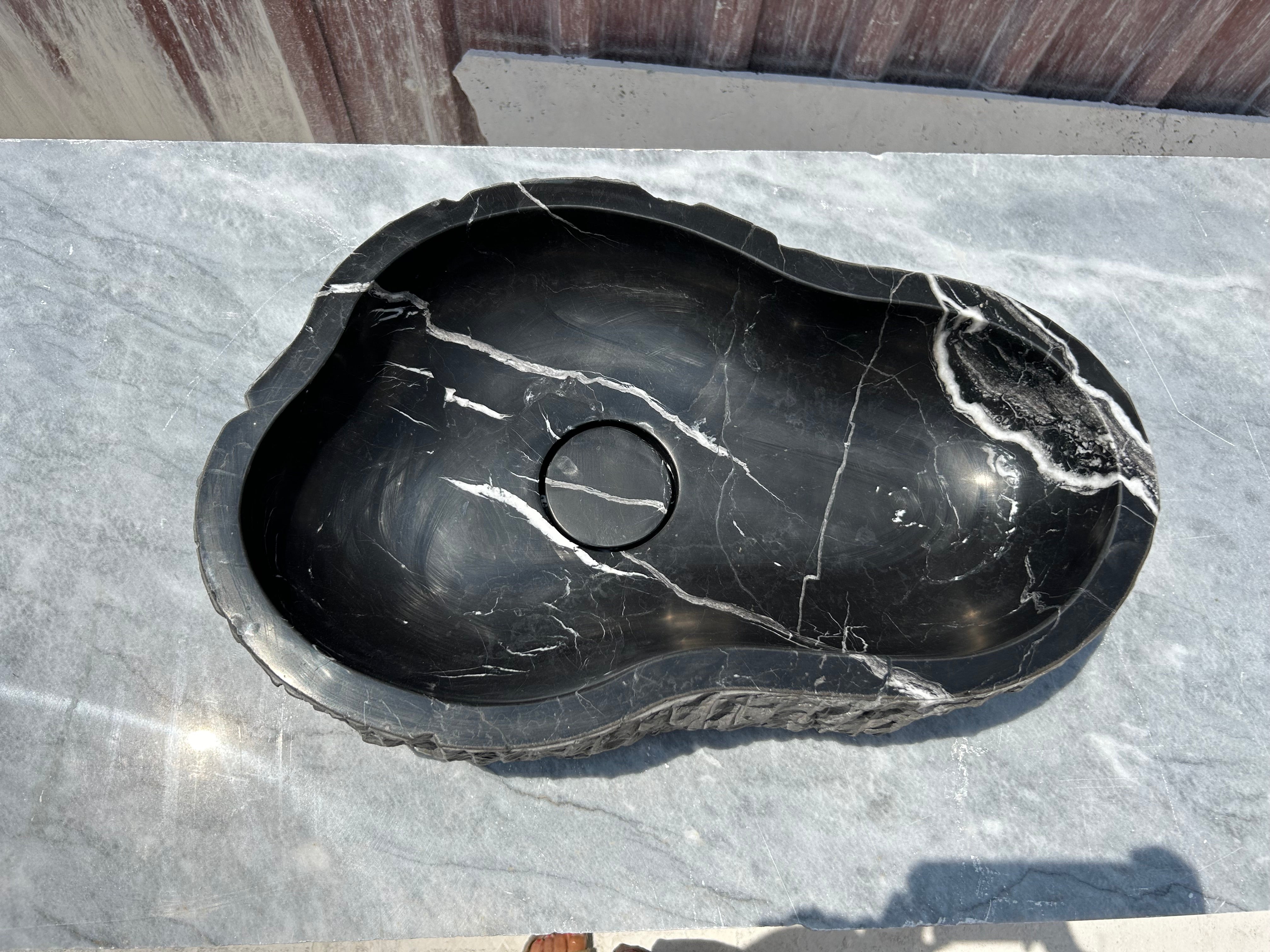 Chiseled Nero Marquina Vessel Sink for Rustic Bathroom Vanity Top, Amorphous Formed Black Marble Sink With Strainer Cover